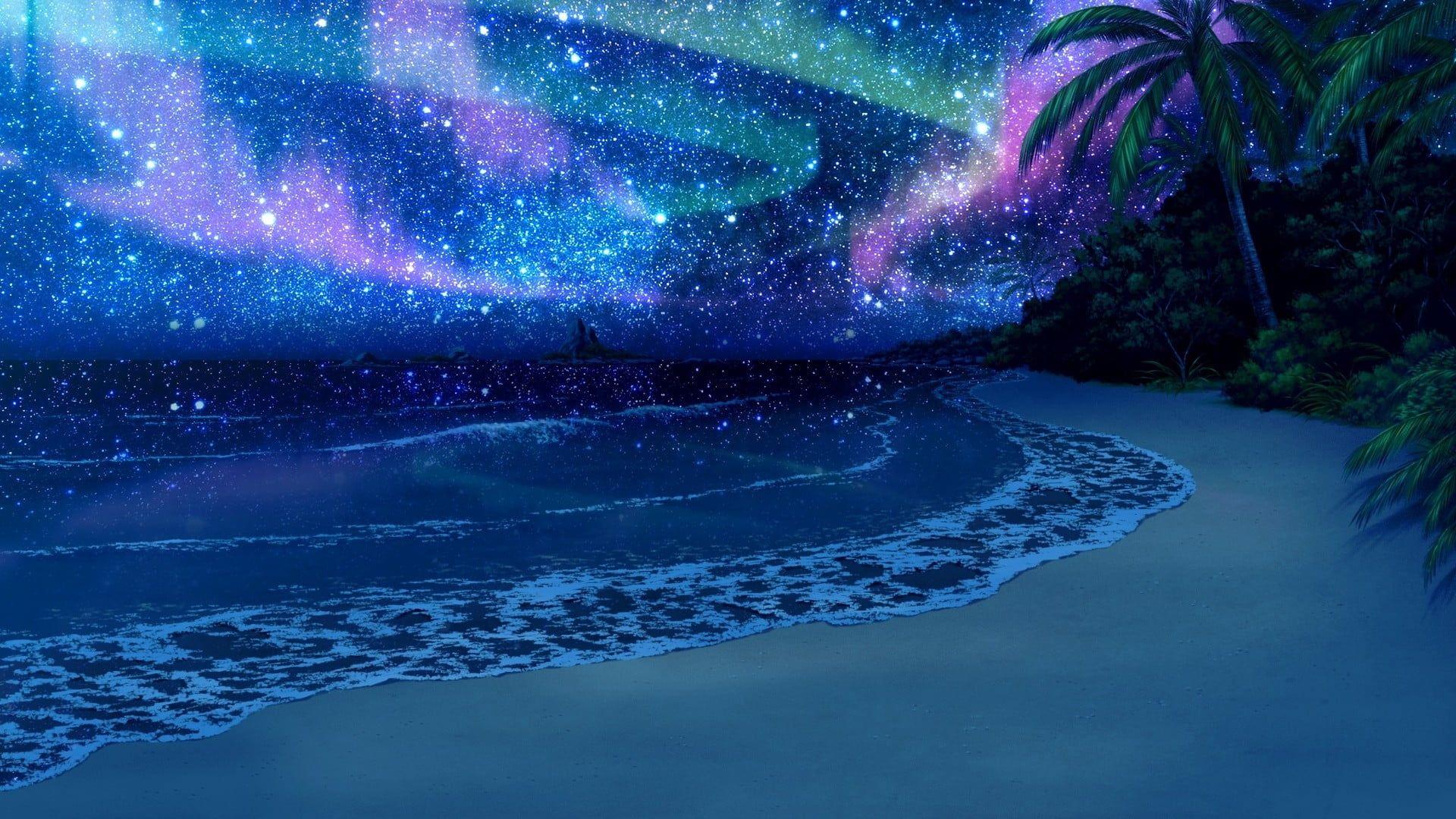 1920x1080 Coconut tree, sea, stars, beach, anime HD wallpaper