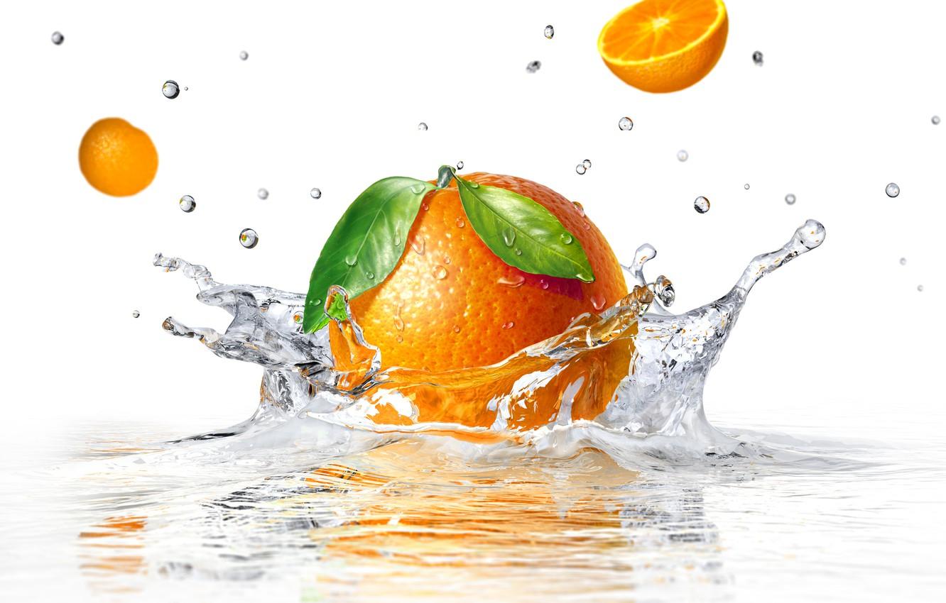 1332x850 Wallpaper water, squirt, orange, white background, water, orange, white background, sprays image for desktop, section еда