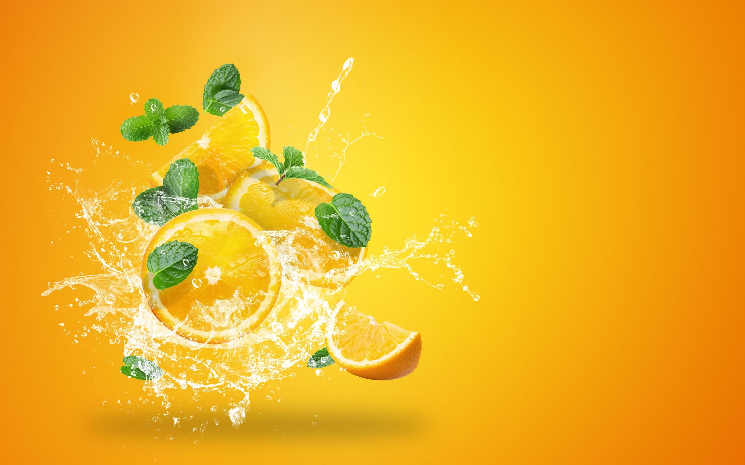 2560x1600 mint, green, orange, fruit, splash, water