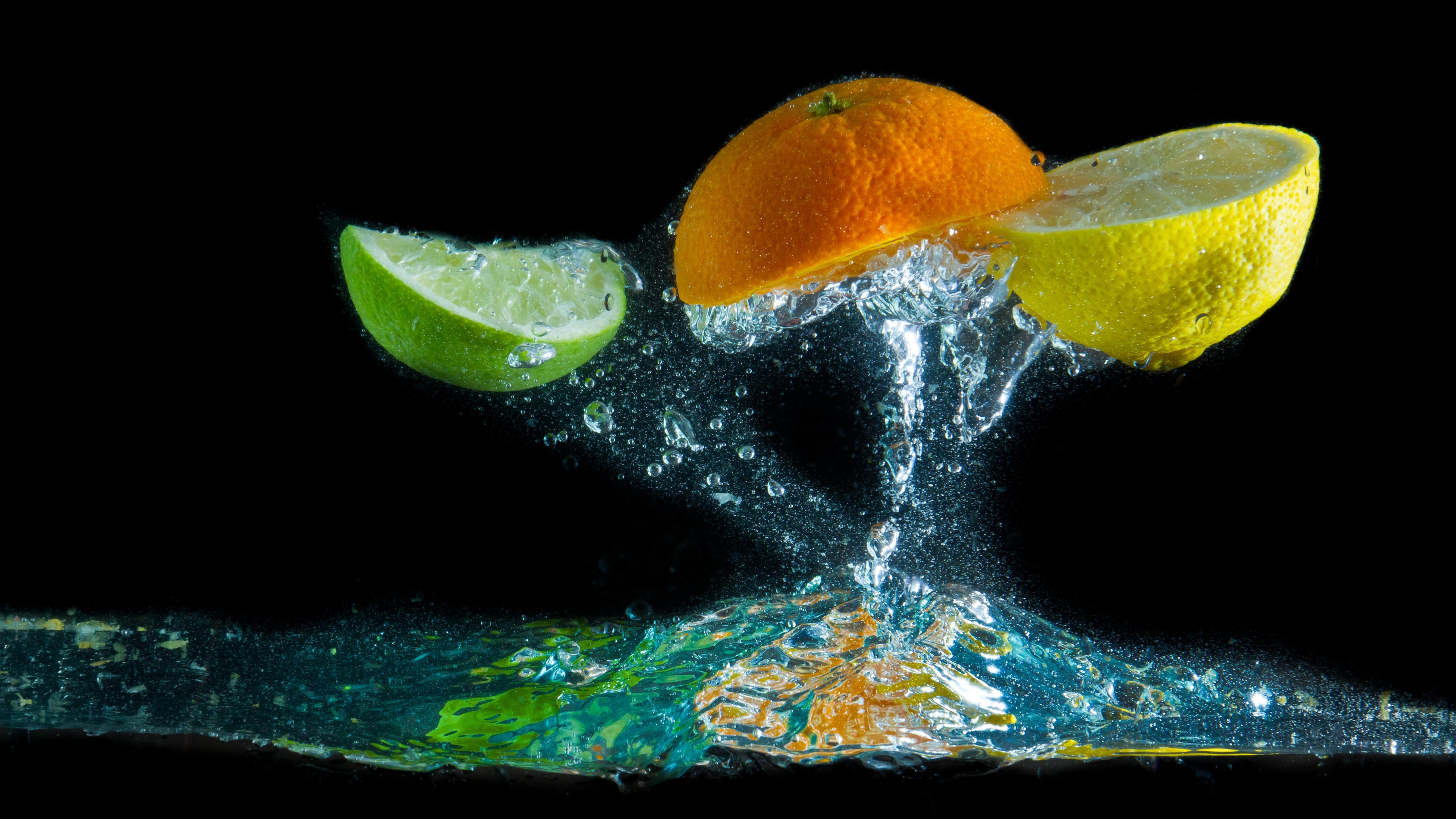 5120x2880 Wallpaper Orange and lemon slice, water splash 5120x2880 UHD 5K Picture, Image