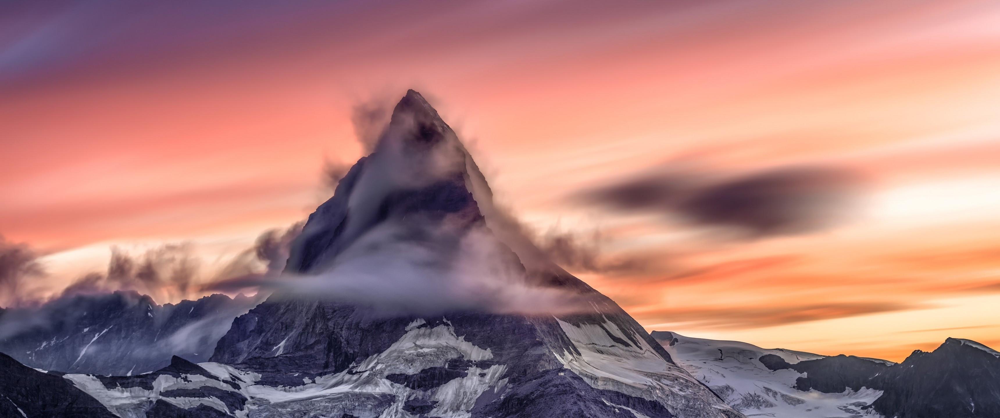 3440x1440 Download 3440x1440 Switzerland, Matterhorn, Mountain, Clouds, Sunset, Snow Wallpaper