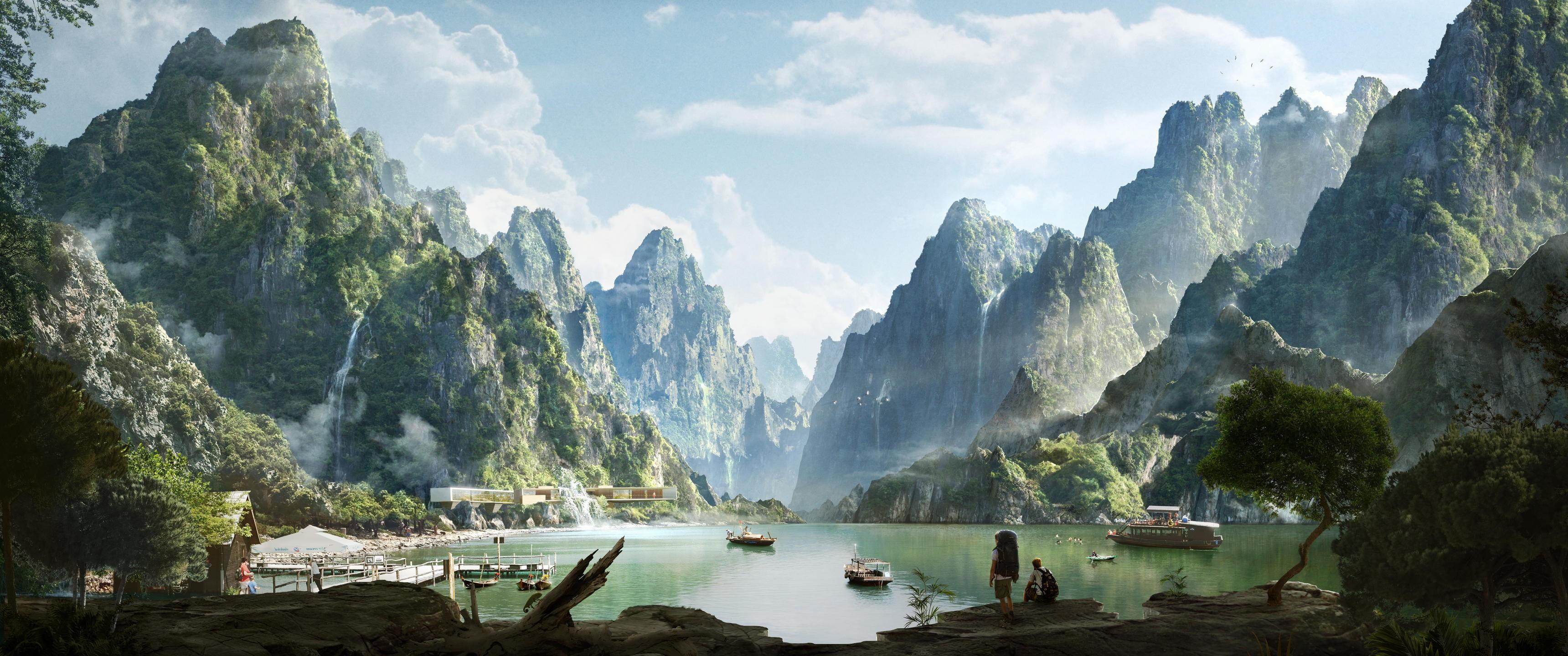 3440x1440 Mountains Lake Valley Waterfall Mist Wallpaper:3440x1440