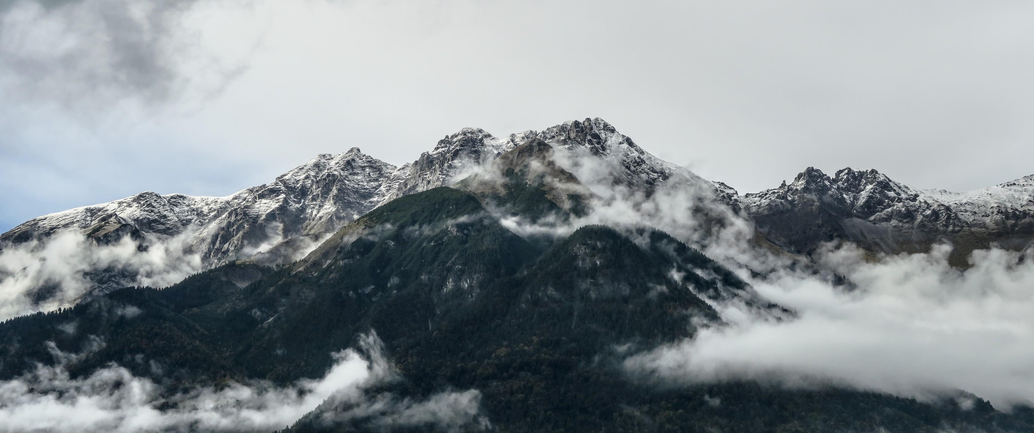 3440x1440 Download 3440x1440 Mountain, Fog, Dark Clouds Wallpaper