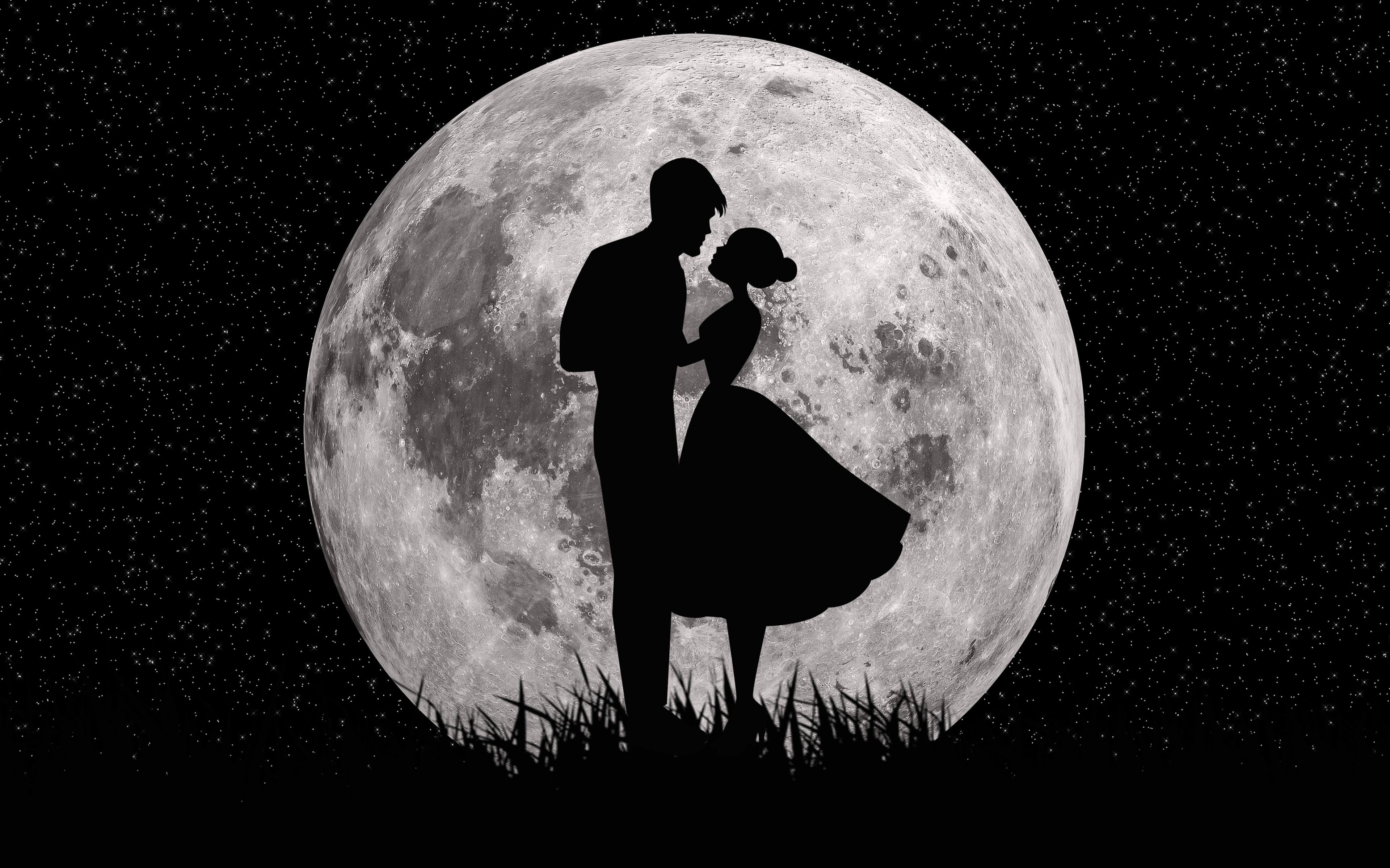 3840x2400 Couple Romantic Moon Night HD Wallpaper