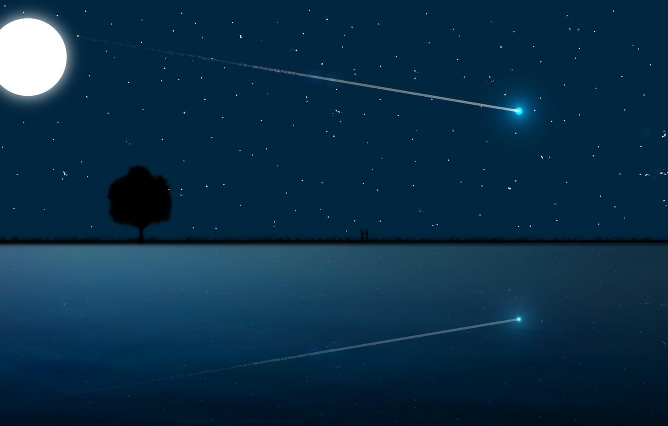 1332x850 Wallpaper Moon, love, sky, sea, landscape, night, art, stars, tree, romantic, mood, couple, moonlight, reflection, digital art, artwork image for desktop, section арт