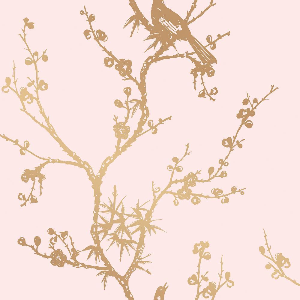 1000x1000 Tempaper Cynthia Rowley Bird Watching Rose Pink & Gold Peel and Stick Wallpaper (Covers 60 sq. ft.)-CR450 Home Depot