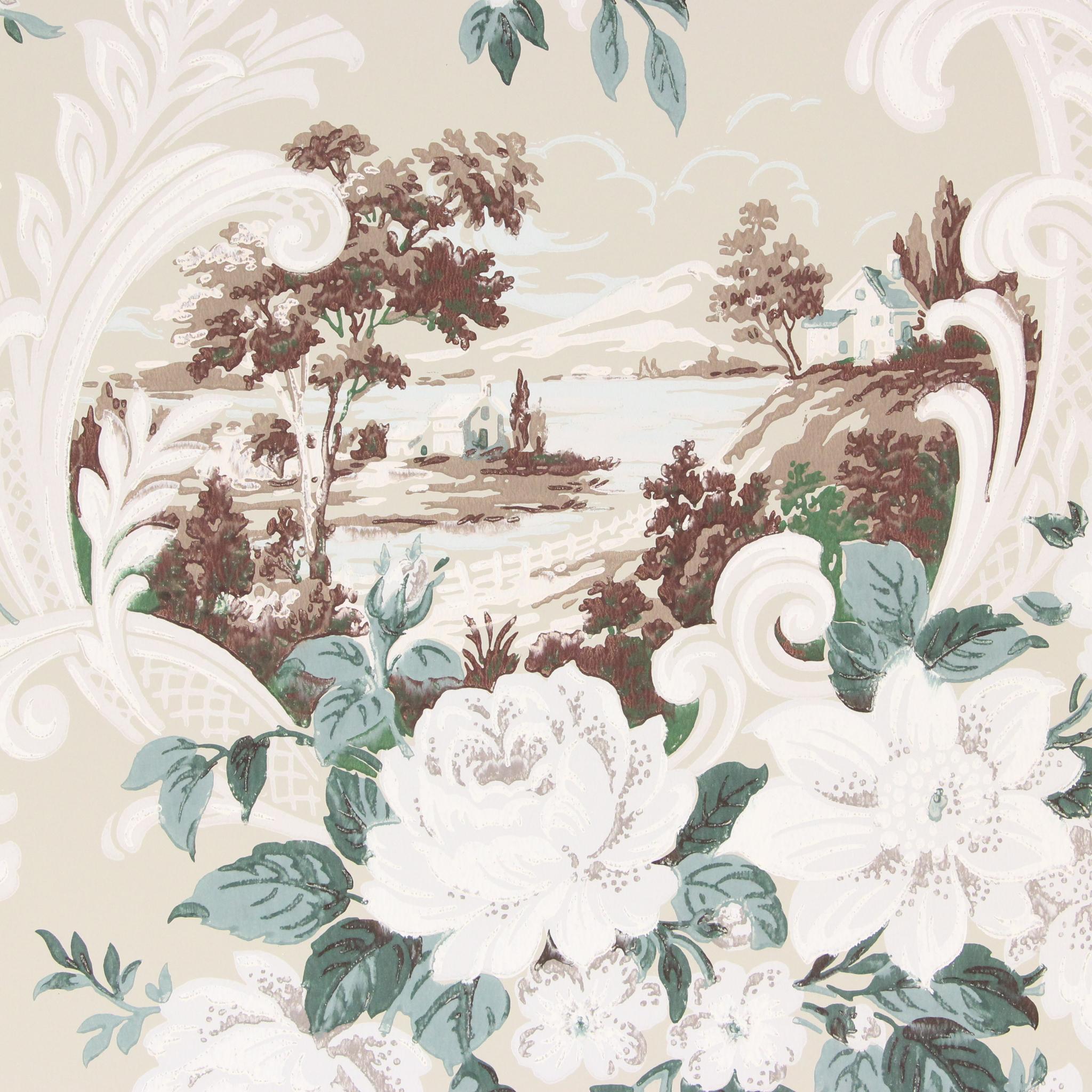 2048x2048 1940s Vintage Wallpaper Scenic Scrolls and White Roses Beige's Vintage Wallpaper
