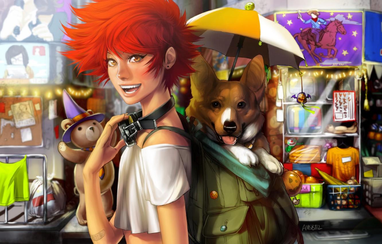1332x850 Wallpaper girl, joy, dog, hat, umbrella, anime, bear, art, glasses, backpack, cowboy bebop, amsbt, edward wong hau pepelu tivrusky iv, a image for desktop, section арт
