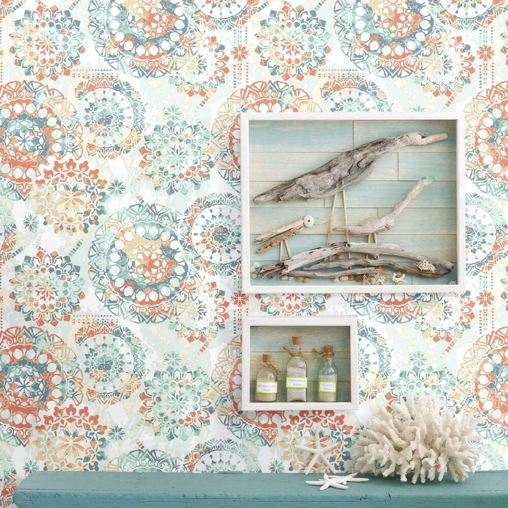1000x1000 RoomMates RMK9126WP Orange and Blue Boho Medallion Peel and Stick Wallpaper : Everything Else