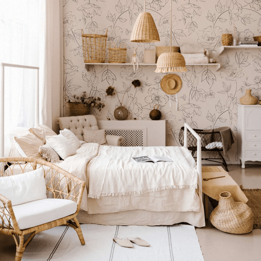 1000x1000 Delicate Floral Wall Mural Styled 2 Ways. Bohemian and Farmhouse Girls' room interior ideas. Removable wallpaper, Boho wallpaper, Bohemian wallpaper