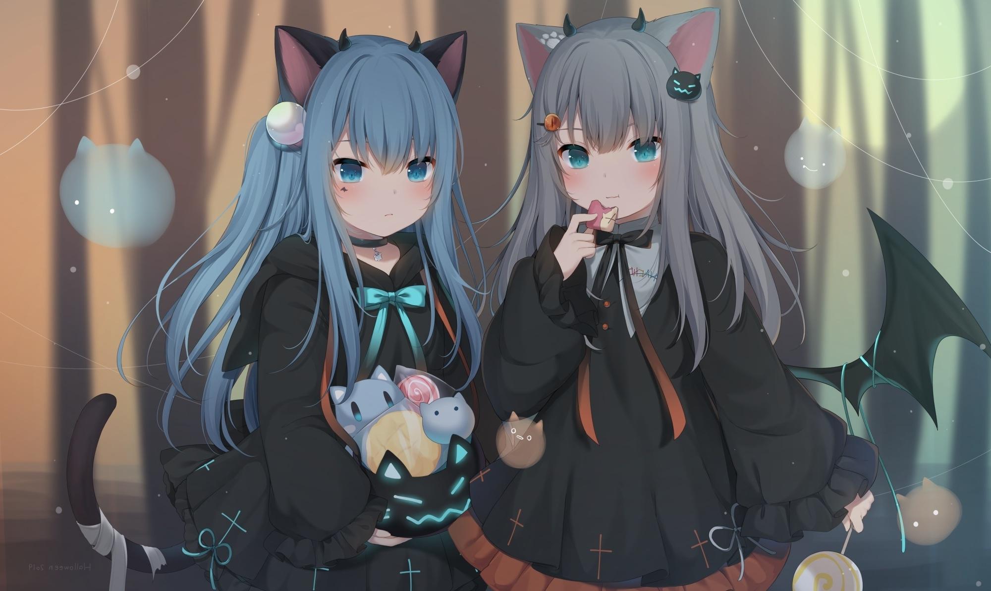 2000x1193 Wallpaper Aqua Hair, Loli, Cute, Horns, Gothic Anime Girls, Devil, Wings, Animal Ears:2000x1193