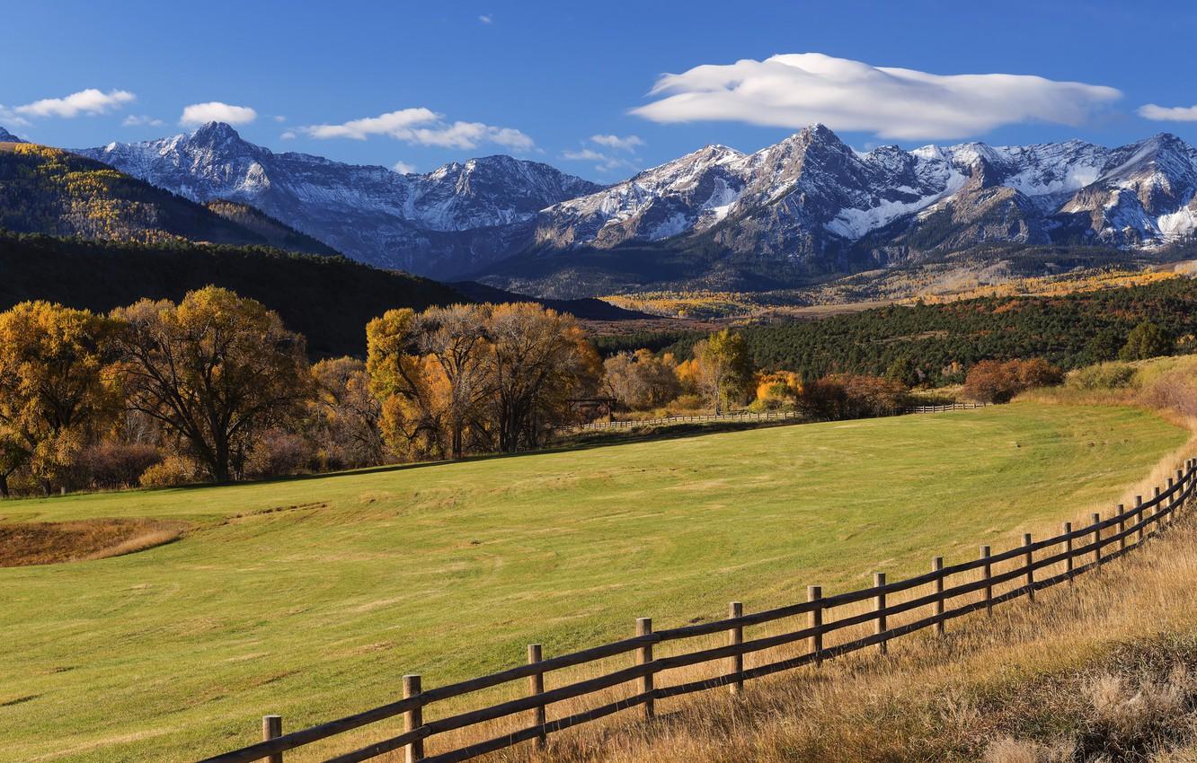 1332x850 Wallpaper field, autumn, trees, mountains, the fence, Colorado, Colorado, San Juan Mountains, Mountains San Juan, Ridgway, Ridgway image for desktop, section пейзажи