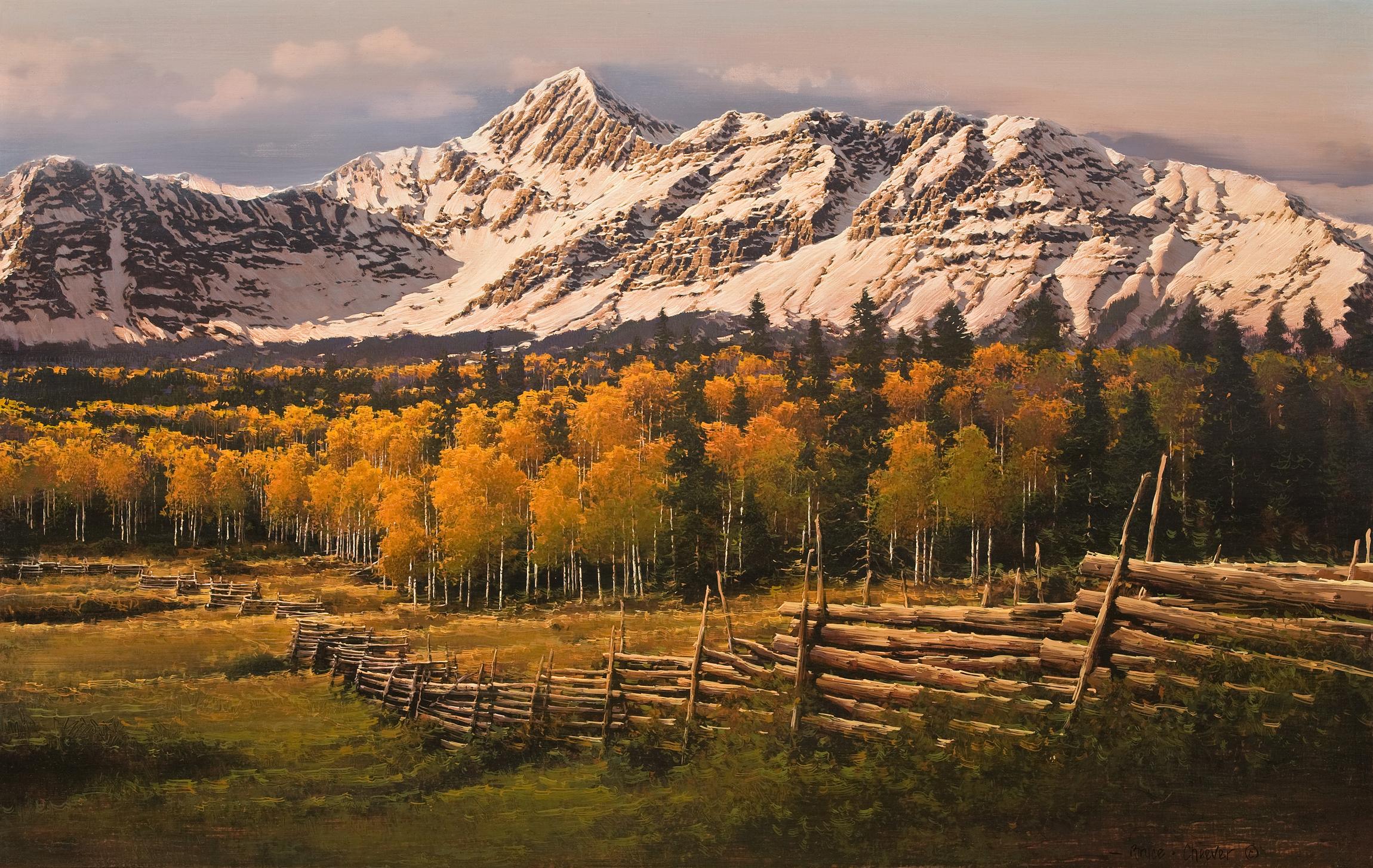 2300x1454 san, Juan, Range, Painting, Autumn, Landscape, Forest, Autumn, Mountains, Snow, Birch, Trees, Fence Wallpaper HD / Desktop and Mobile Background