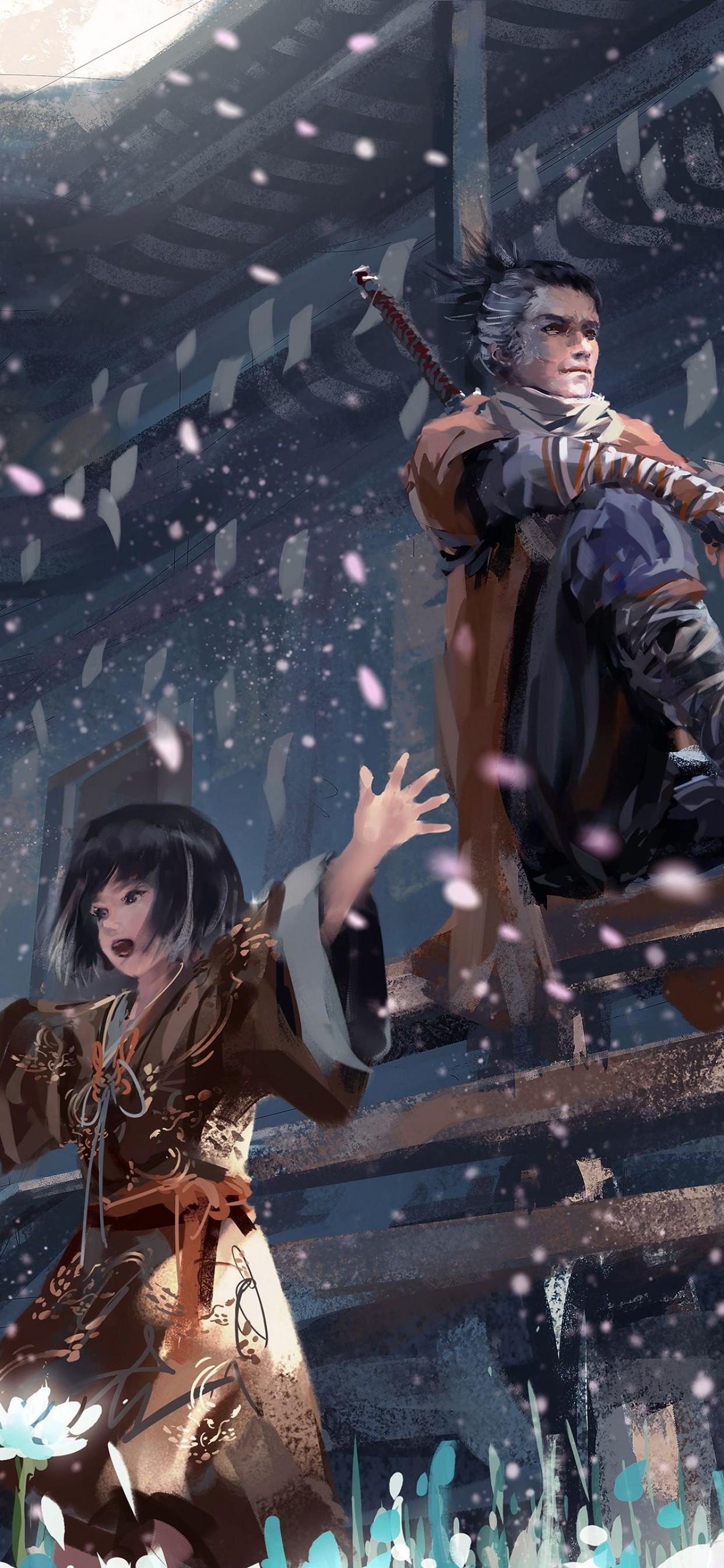 1242x2688 Download 1242x2688 Sekiro: Shadows Die Twice, Petals, Anime Style, Katana, Japanese Clothes Wallpaper for iPhone 11 Pro Max & XS Max