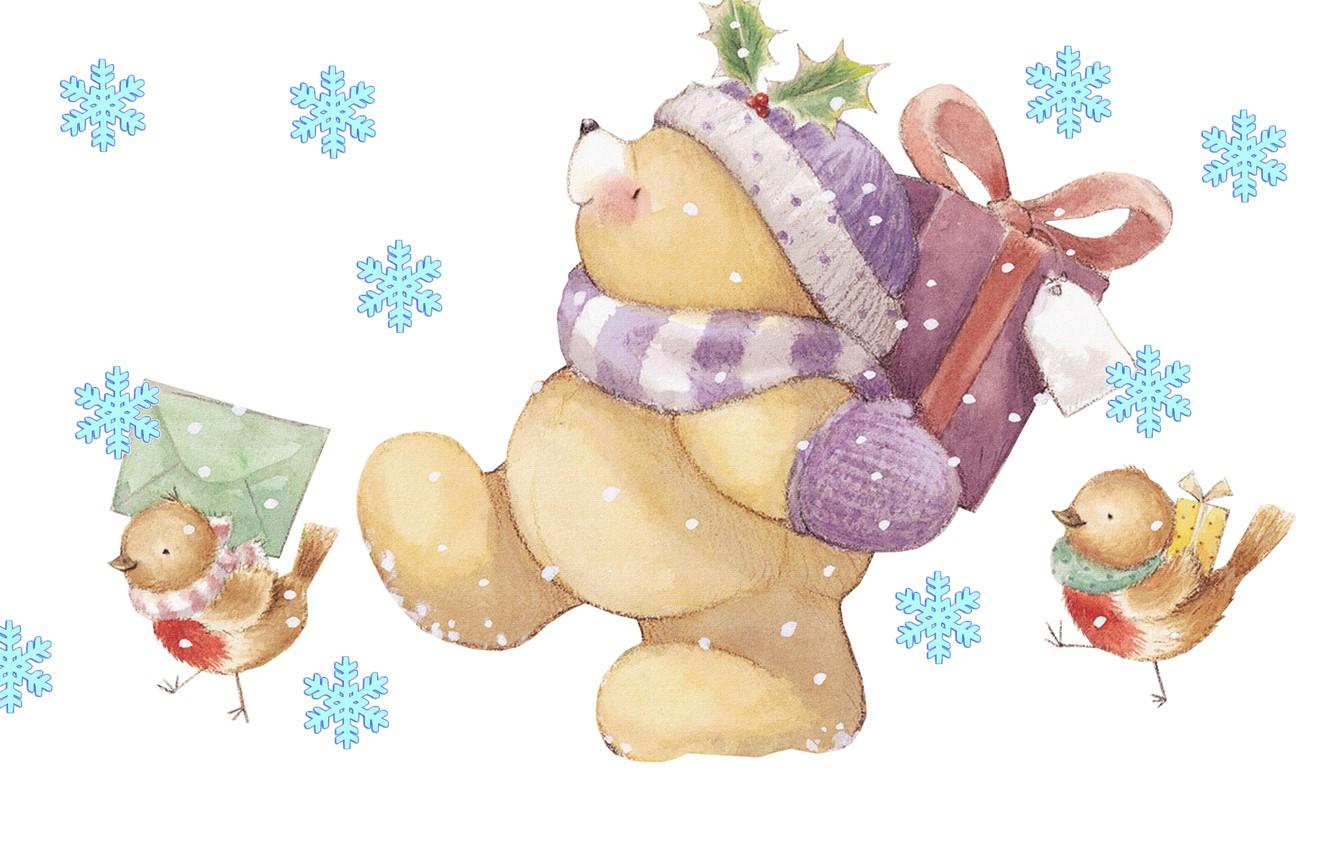 1332x850 Wallpaper winter, letter, snowflakes, mood, holiday, gift, art, bear, New year, birds, children's, Forever Friends Deckchair bear image for desktop, section праздники