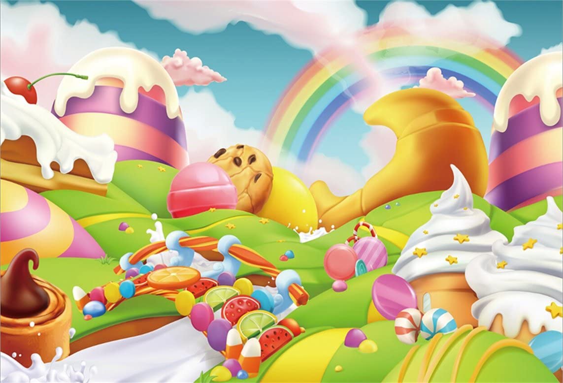 1143x778 Amazon.com : AOFOTO 7x5ft Fantasy Candy Land Landscape Background Cartoon Ice Cream Dessert Lollipop Photography Backdrop Rainbow Birthday Party Decoration Banner Photo Studio Props Kid Baby Girl Vinyl Wallpaper