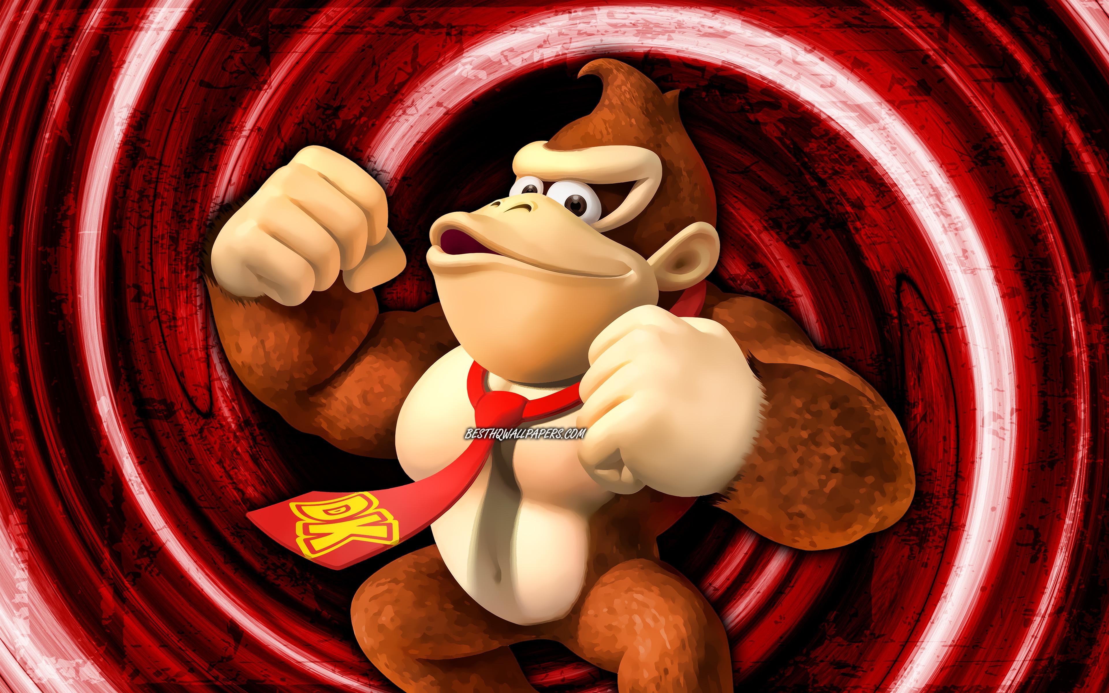 3840x2400 Download wallpaper 4k, Donkey Kong, red grunge background, Super Mario, vortex, Super Mario characters, cartoon monkey, Super Mario Bros, Donkey Kong Super Mario for desktop with resolution 3840x2400. High Quality HD picture
