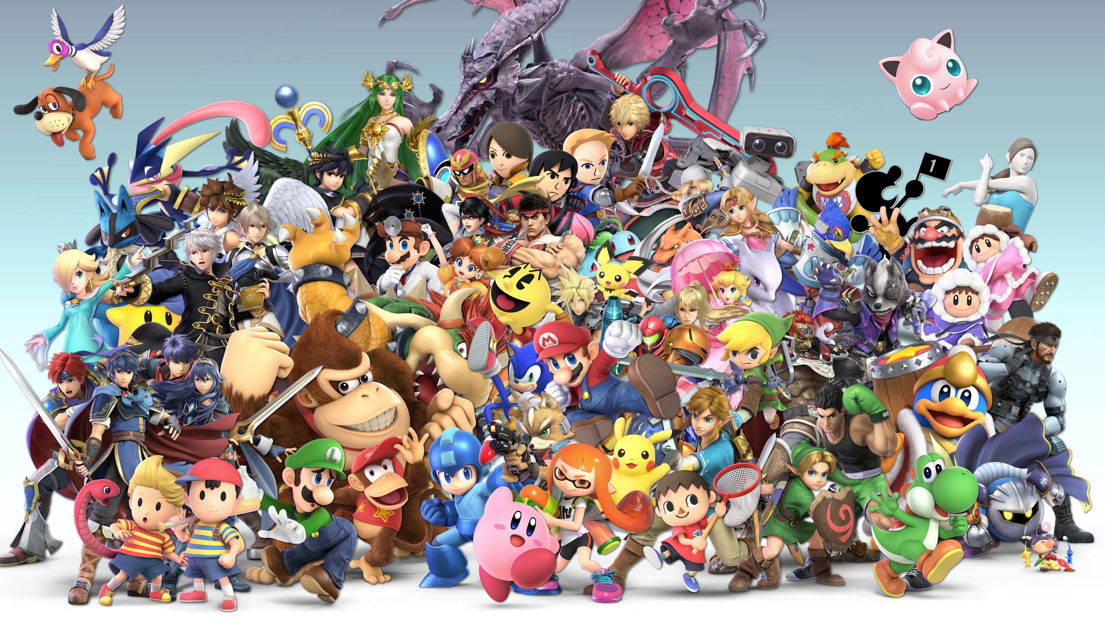 3840x2160 luigi cloud strife corrin dark pit diddy kong donkey kong dr mario duck hunt falco lombardi fox mccloud ganondorf greninja ice climbers 4k HD games Wallpaper