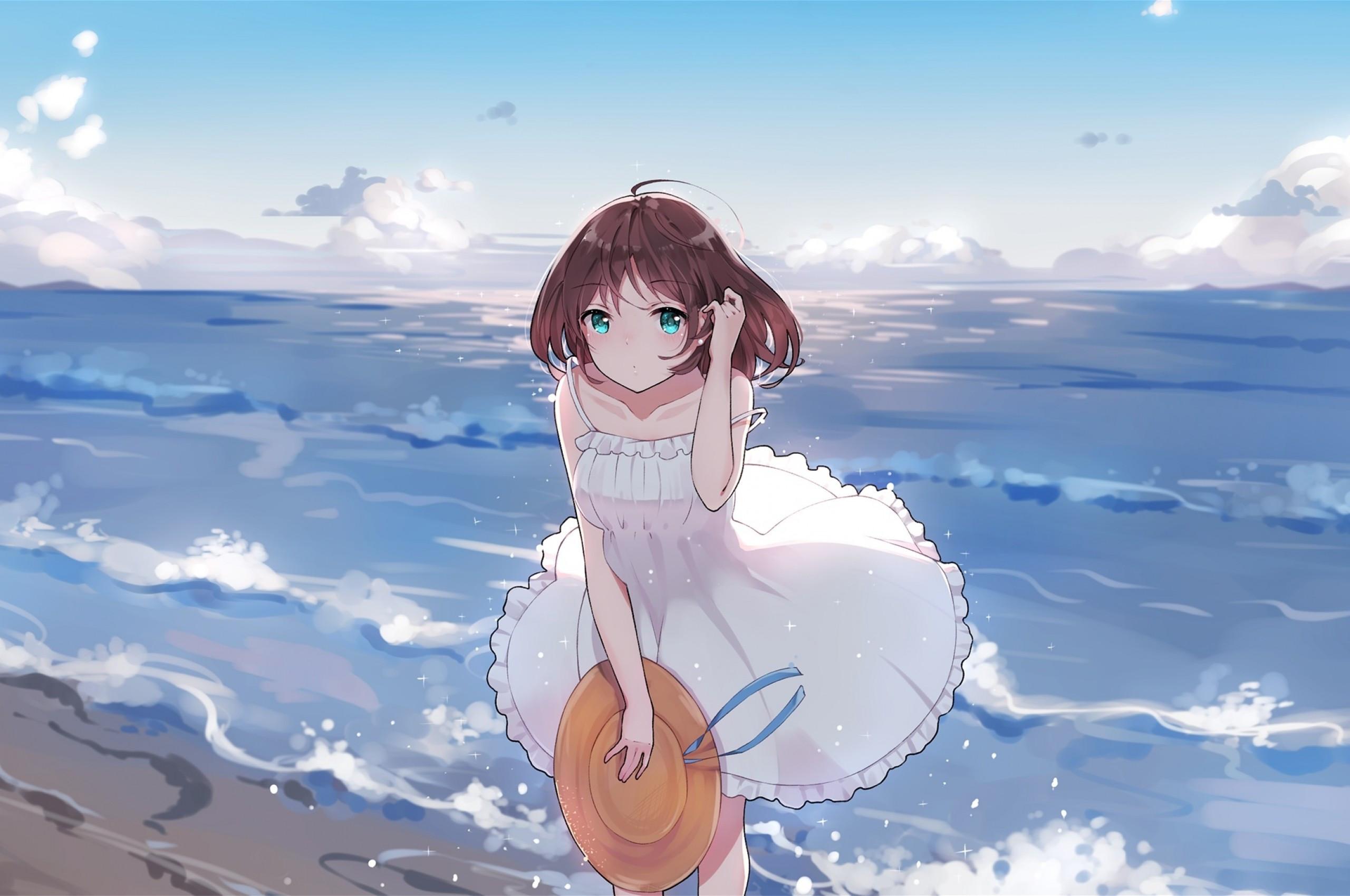 2560x1700 Download 2560x1700 Summer Dress, Anime Girl, Ocean, Waves, Beach, Short Hair Wallpaper for Chromebook Pixel