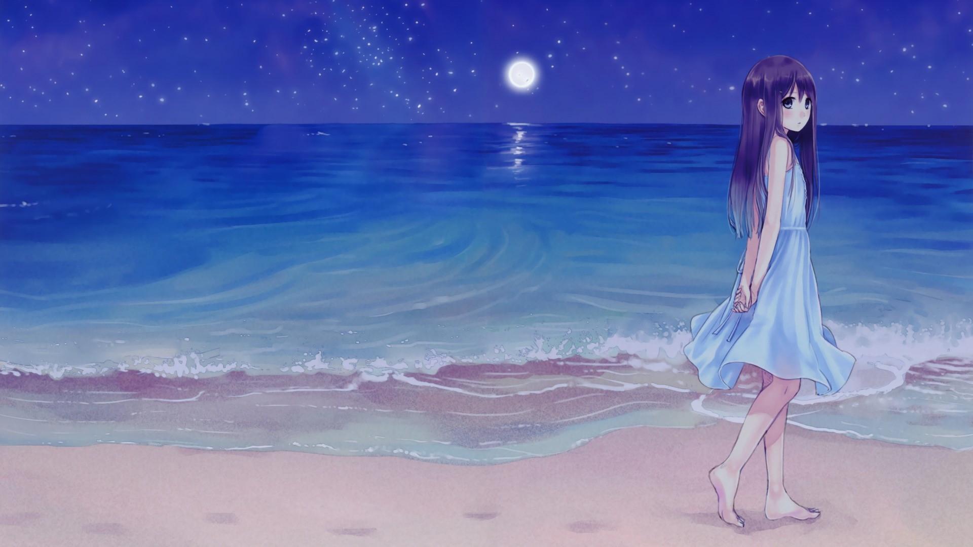 1920x1080 Wallpaper / anime, inbetweening, beach, anime girls, Moon, barefoot, sea