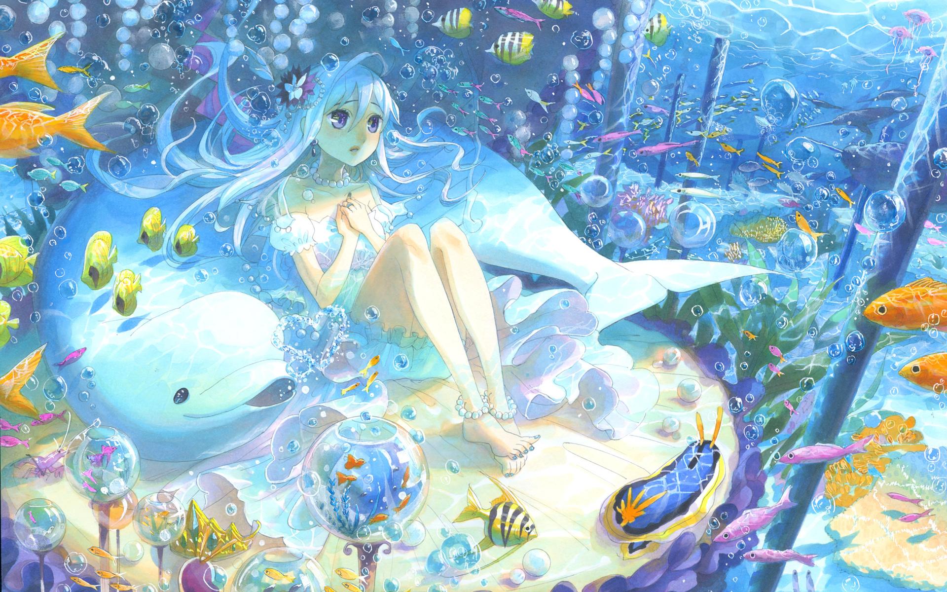 1920x1200 anime, Original, Soft, Fantasy, Women, Girls, Underwater, Fishes, Oceans, Artistic Wallpaper HD / Desktop and Mobile Background