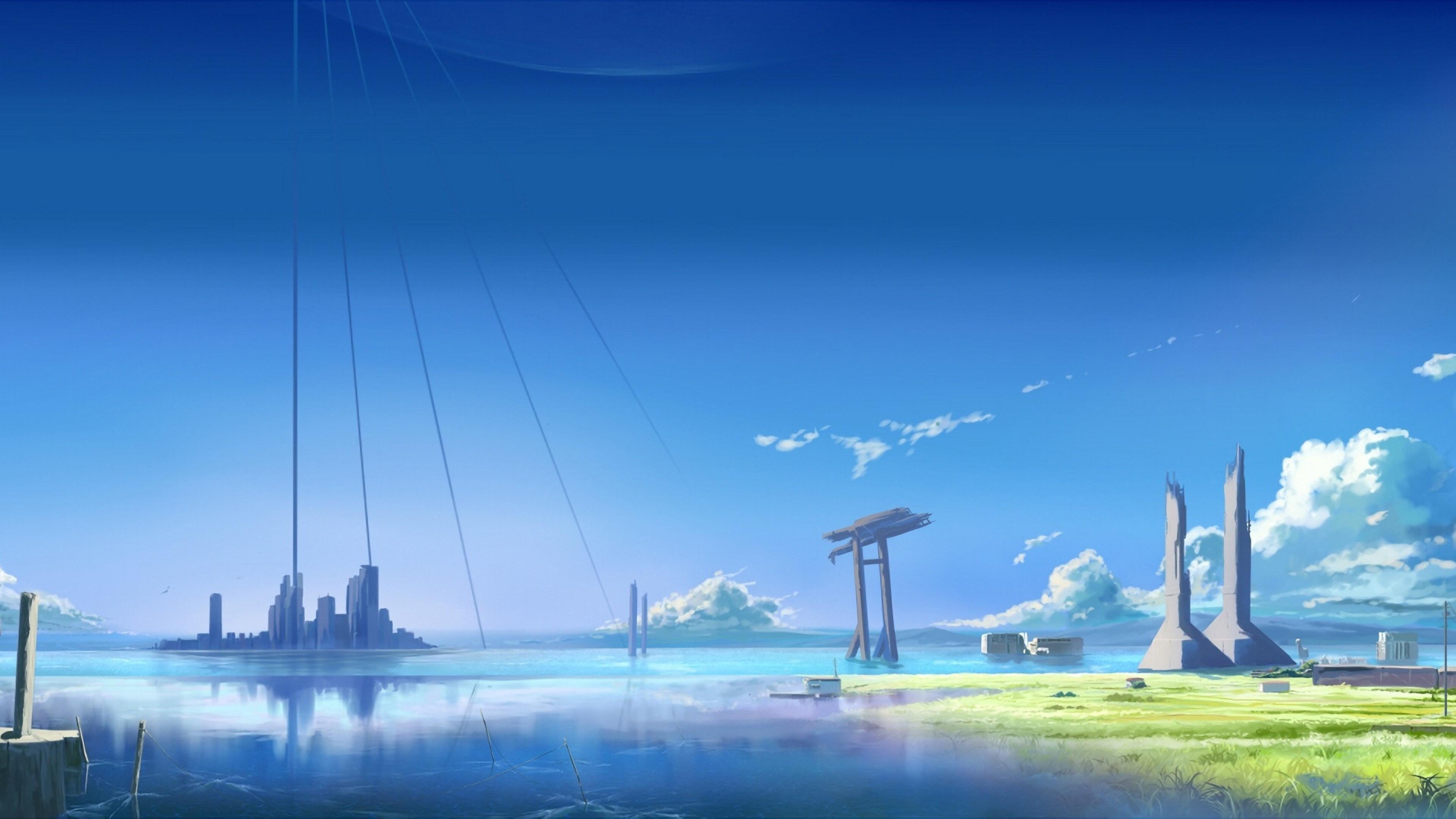 3840x2160 Download 3840x2160 Anime Girl, Landscape, Clean Sky, Clouds, Buildings Wallpaper for UHD TV