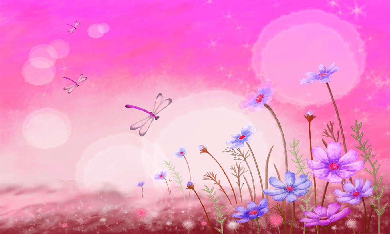 1366x820 Purple Dragonfly visiting Flowers Wallpaper Mural