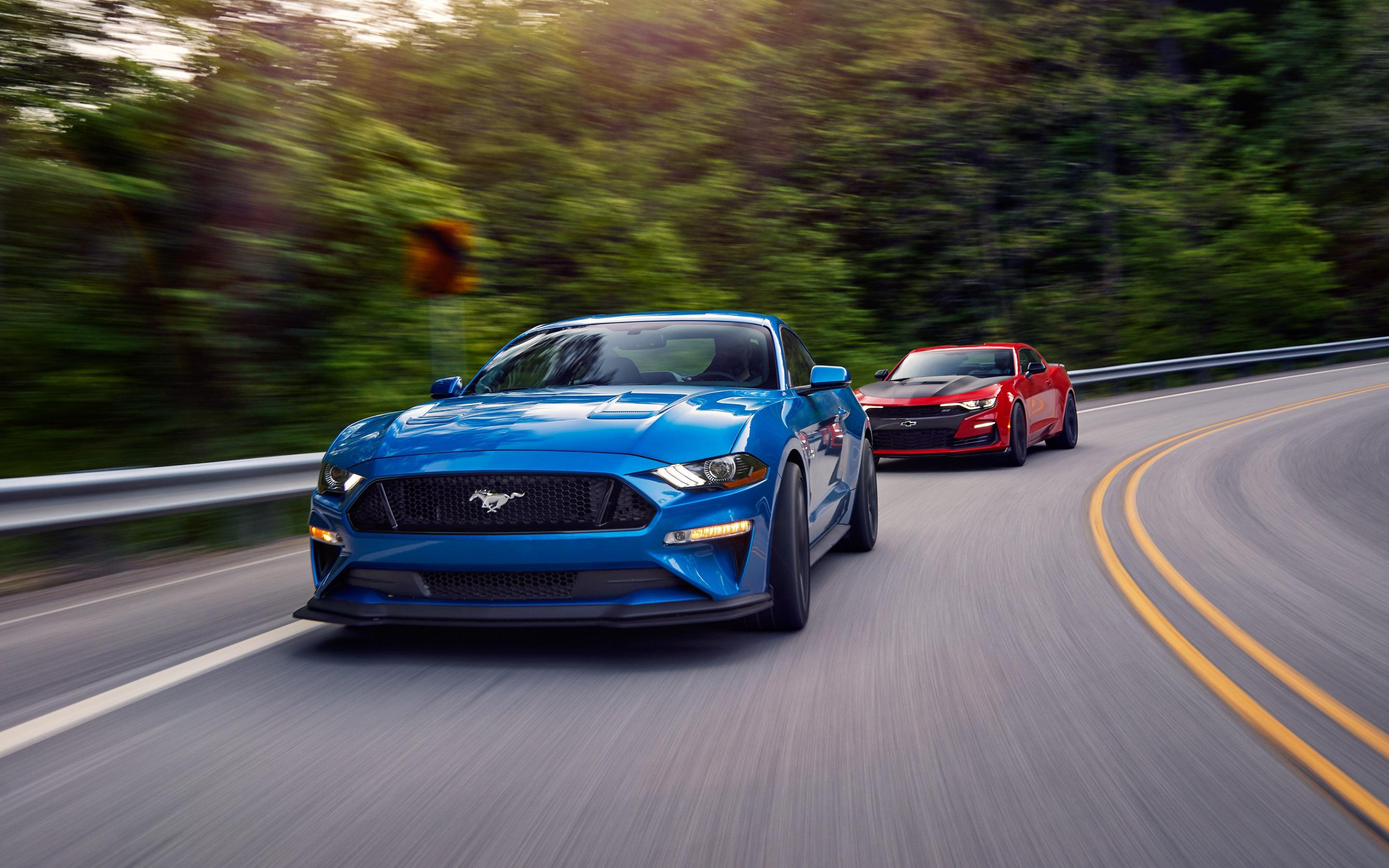 2880x1800 Download wallpaper Ford Mustang GT, Chevrolet Camaro SS, luxury sports cars, new blue Mustang, new red Camaro, American sports cars, Ford, Chevrolet for desktop with resolution 2880x1800. High Quality HD picture