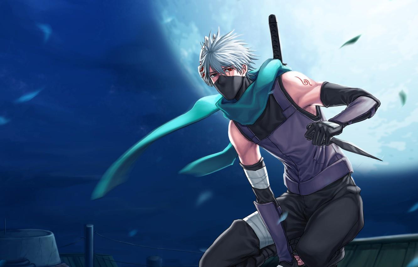 1332x850 Wallpaper roof, night, the moon, foliage, katana, naruto, art, kunai, sharingan, hatake kakashi, anbu image for desktop, section прочее