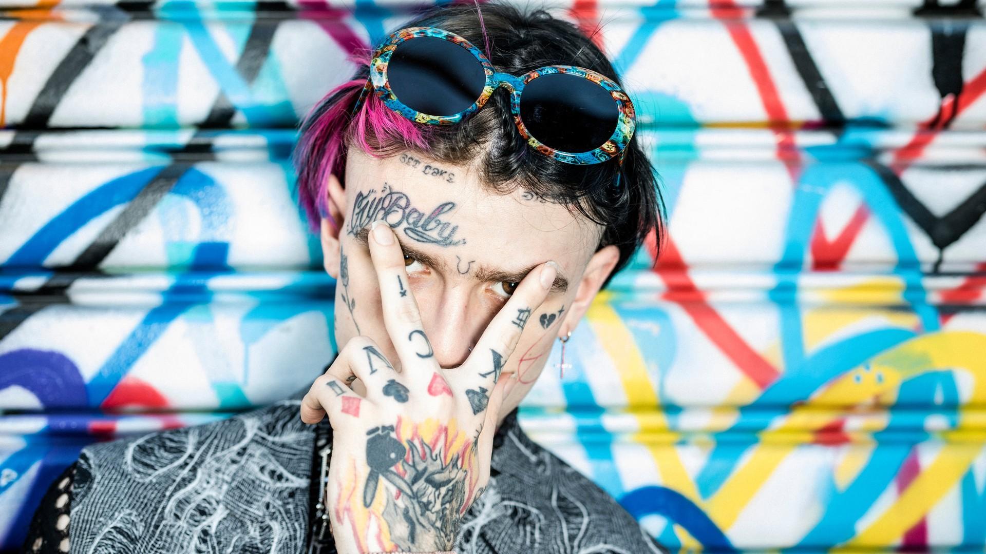 1920x1080 Lil Peep In Colorful Shutter Background Showing Victory Sign HD Lil Peep Wallpaper