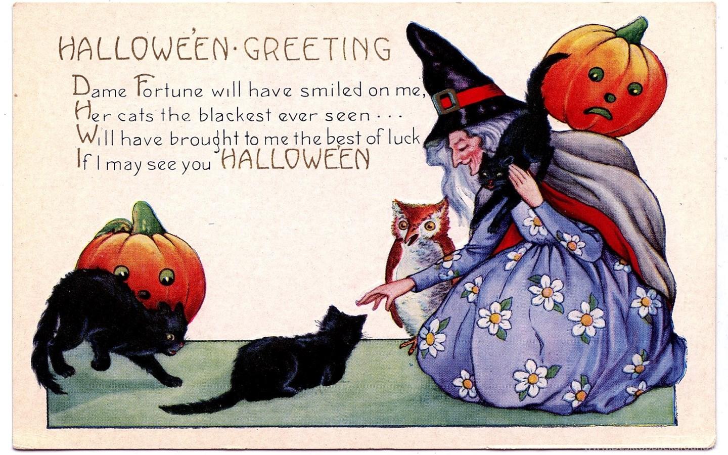 1440x900 Vintage Halloween Image Witch Cats Owl The Graphics Fairy Desktop Background