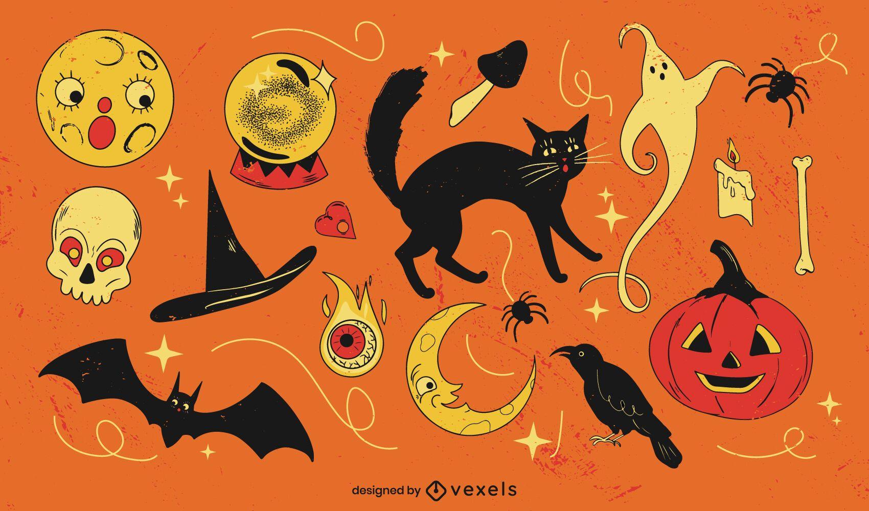 1700x1000 Halloween Creepy Retro Cartoon Elements Set Vector Download