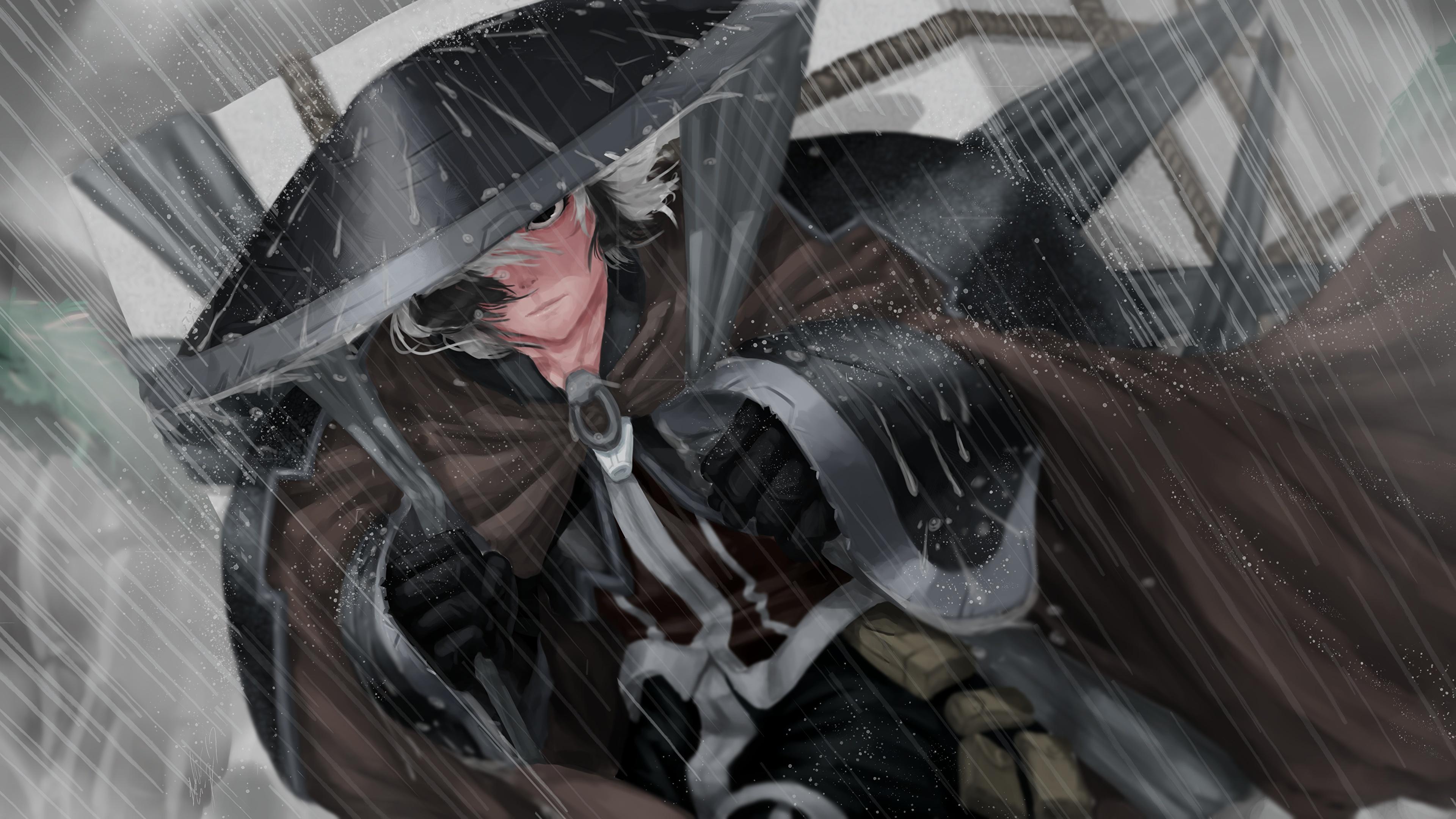 3840x2160 Picture Samurai Hat Anime Rain Drops 3840x2160