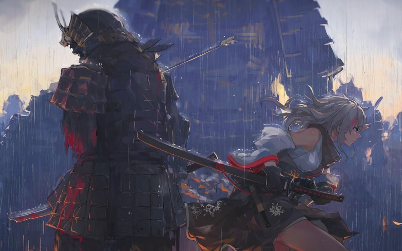 1280x800 Download 1280x800 Anime Girl, Samurai, Battle, Sword, Raining, Artwork Wallpaper for Motorola Xoom, MacBook Pro 13
