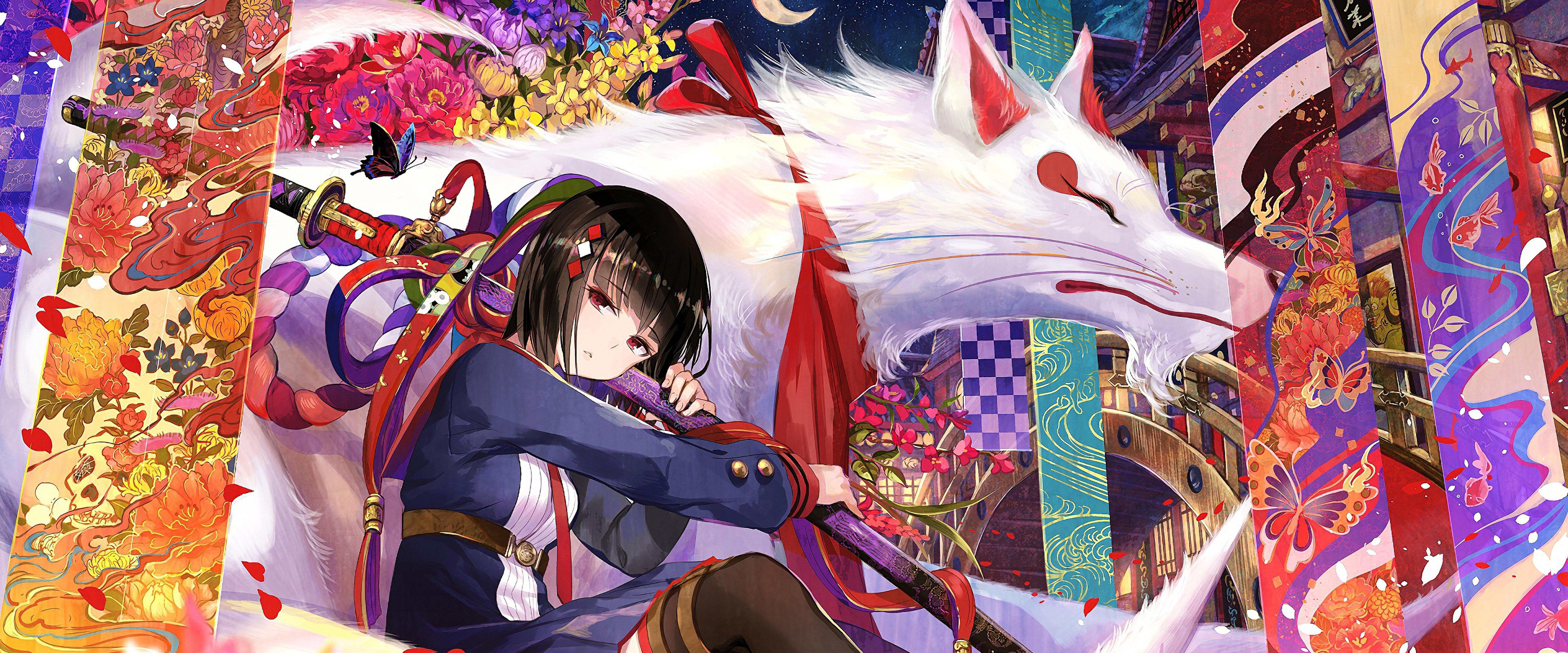 7680x3200 Samurai Anime Girl Katana White Wolf 4K Wallpaper
