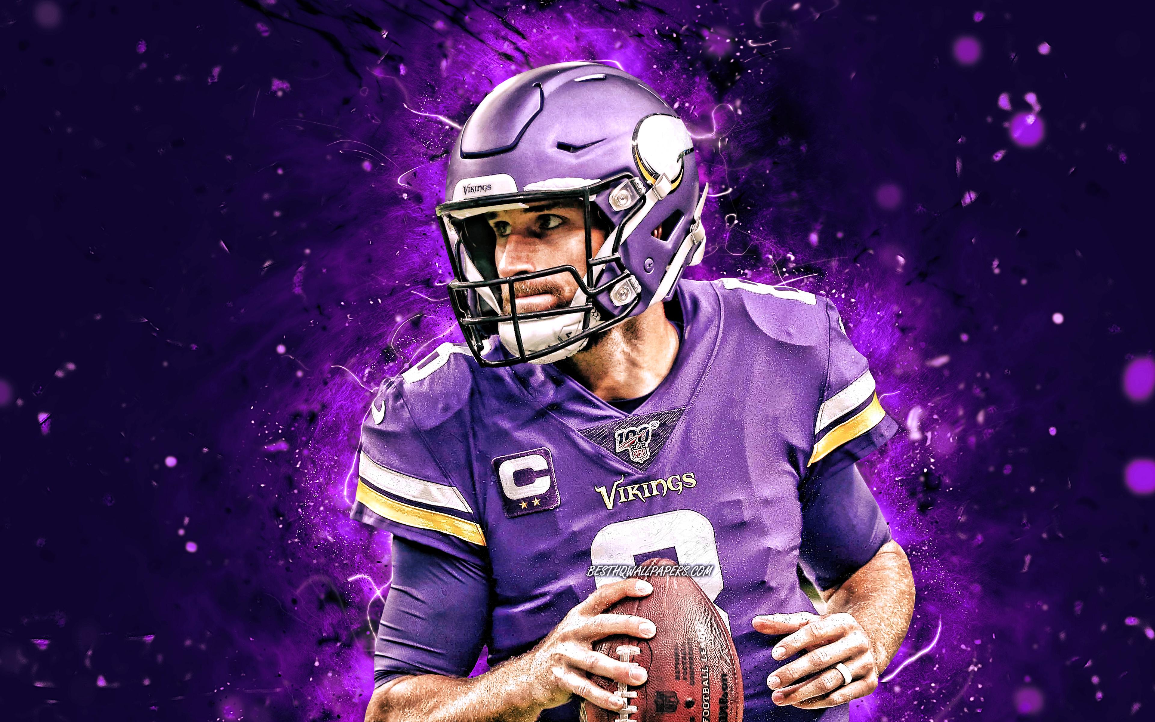 3840x2400 Download wallpaper Kirk Cousins, 4k, quarterback, Minnesota Vikings, american football, NFL, Kirk Daniel Cousins, National Football League, neon lights, Kirk Cousins Minnesota Vikings, Kirk Cousins 4K for desktop with resolution 3840x2400