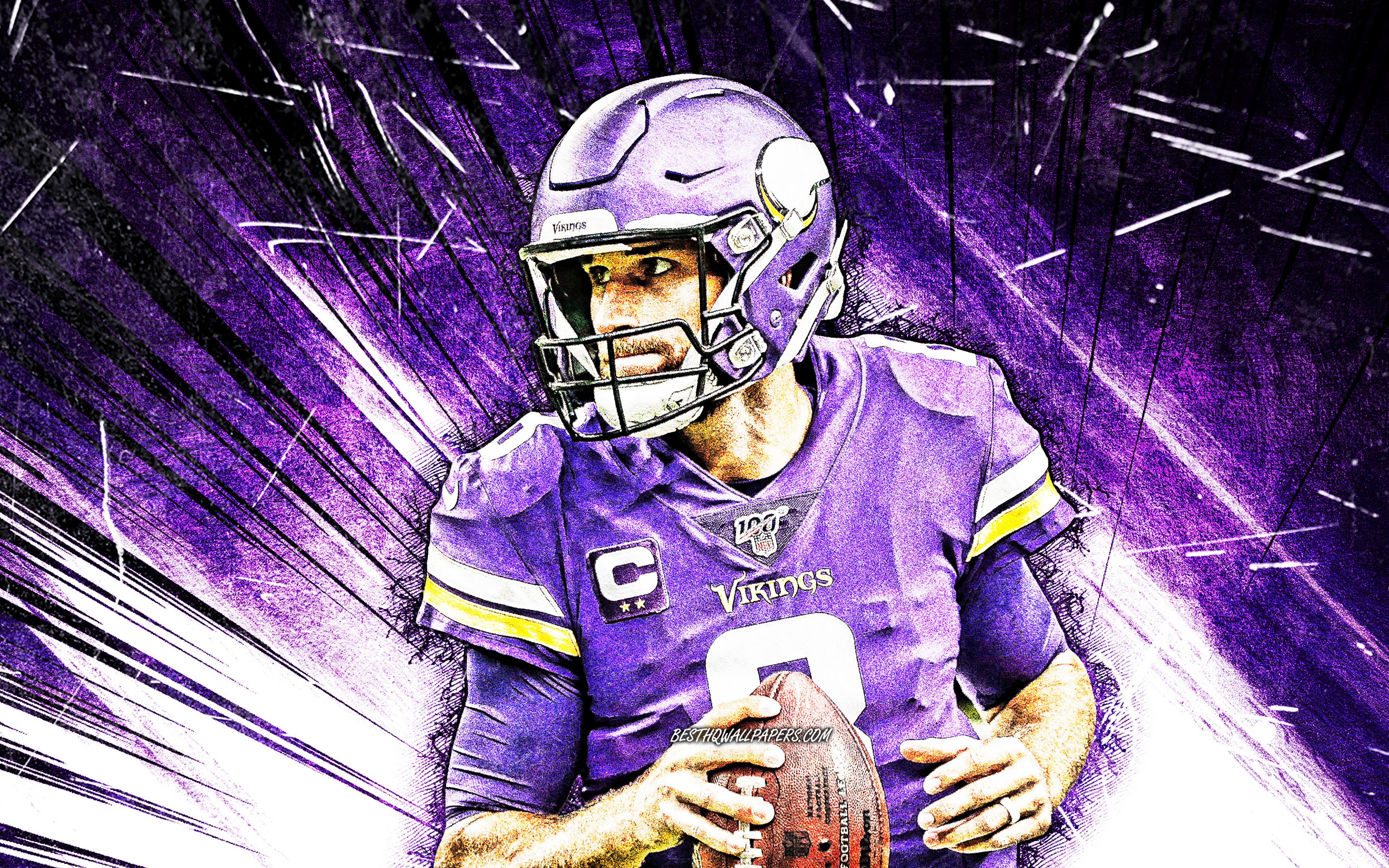 3840x2400 Download wallpaper 4k, Kirk Cousins, grunge art, quarterback, Minnesota Vikings, american football, NFL, Kirk Daniel Cousins, National Football League, violet abstract rays, Kirk Cousins Minnesota Vikings, Kirk Cousins 4K for desktop with