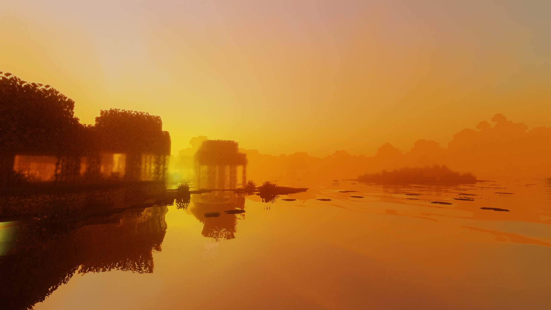 1920x1080 Dawn Blurry Background Minecraft Nature Red Crimson Sunset Water Wallpaper:1920x1080