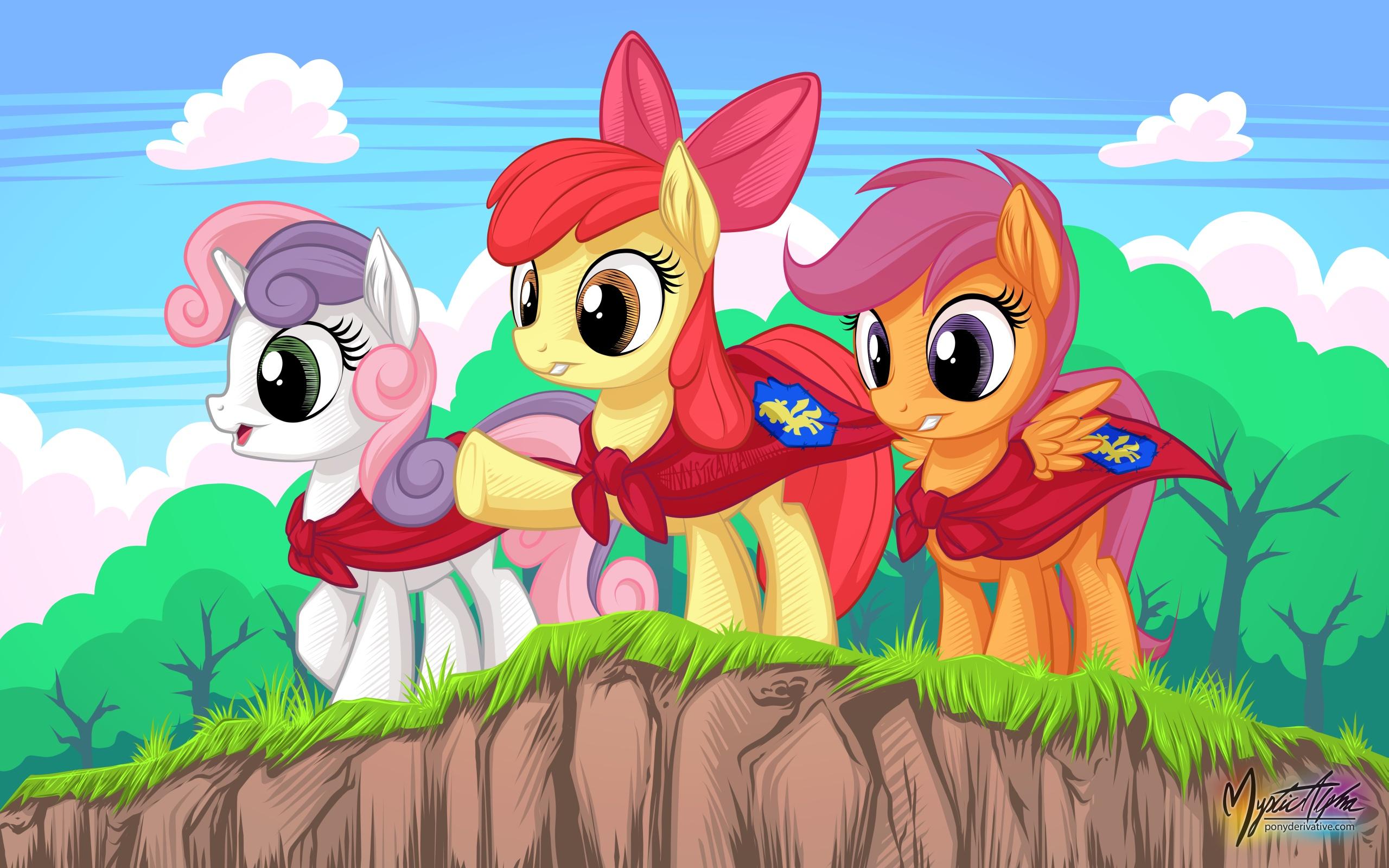 2560x1600 safe, artist:mysticalpha, apple bloom, scootaloo, sweetie belle, cape, clothes, cmc cape, cutie mark crusaders, palindrome get, wallpaper