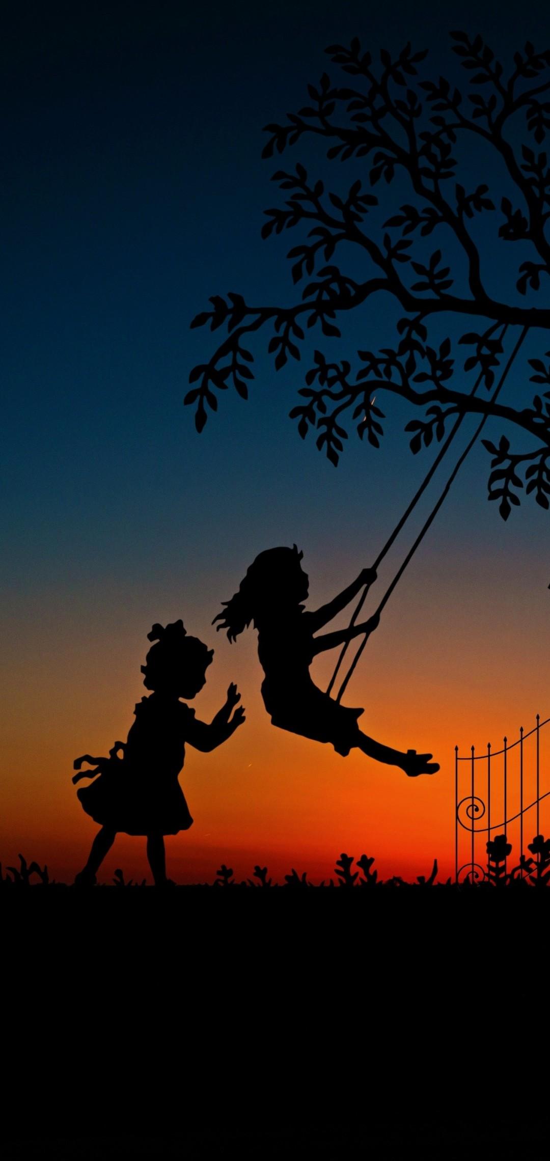 1080x2280 cute iphone wallpaper, sky, swing, silhouette, tree, photography