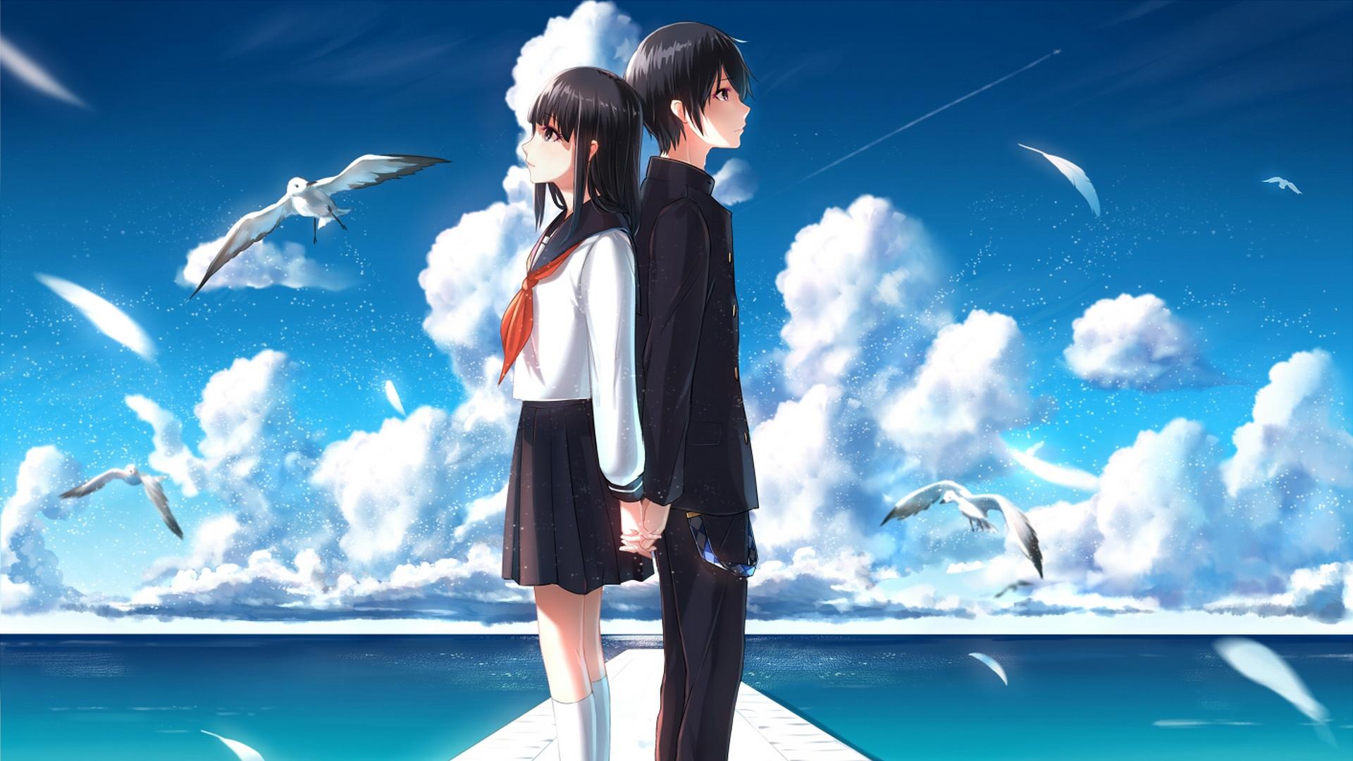1920x1080 Girl, boy, back to back, fingers interlocking, sky picture, romantic couple anime desktop wallpaper