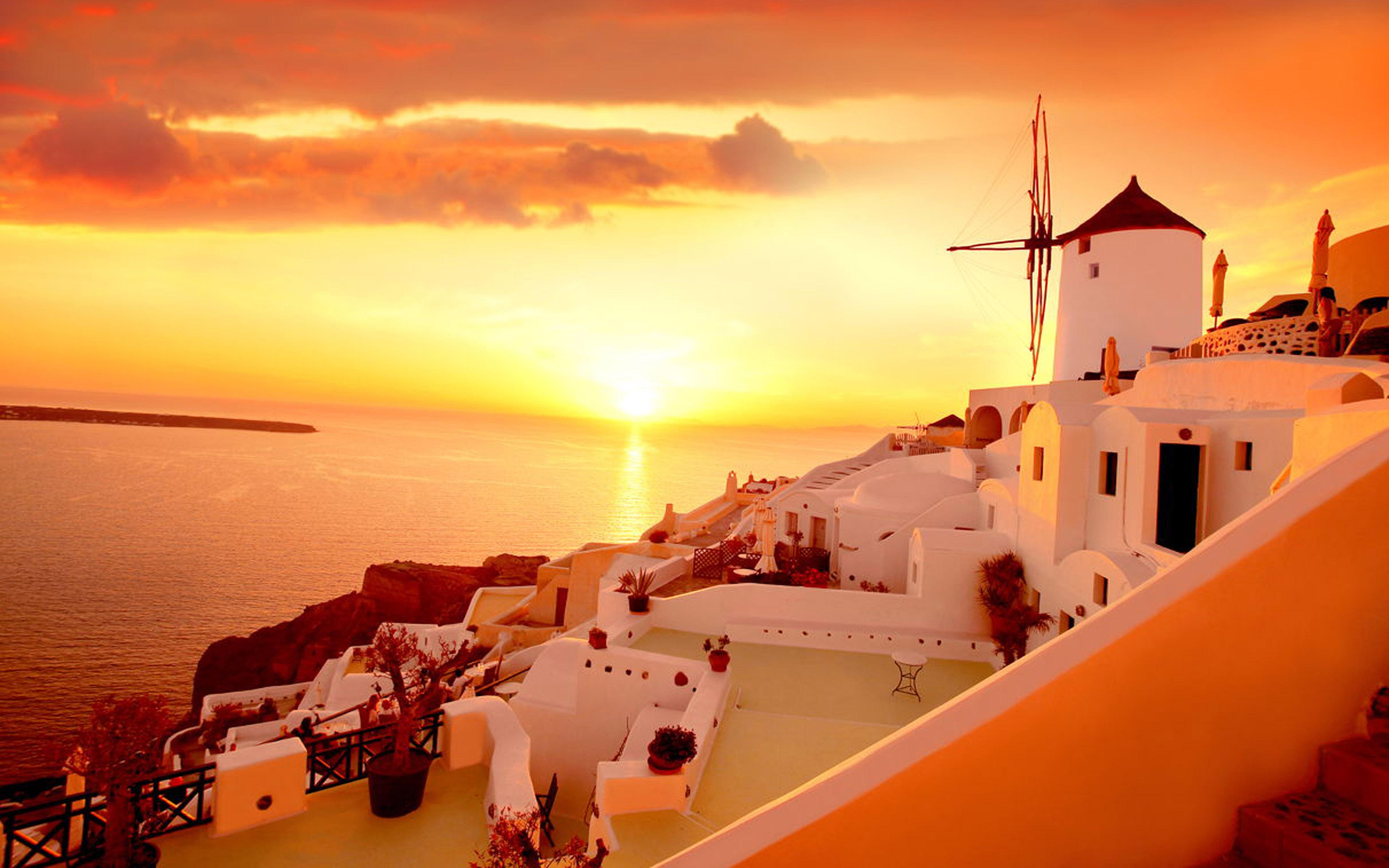 3840x2400 Sunset In Santorini Island In Greece Aegean Sea Photo Landscape :