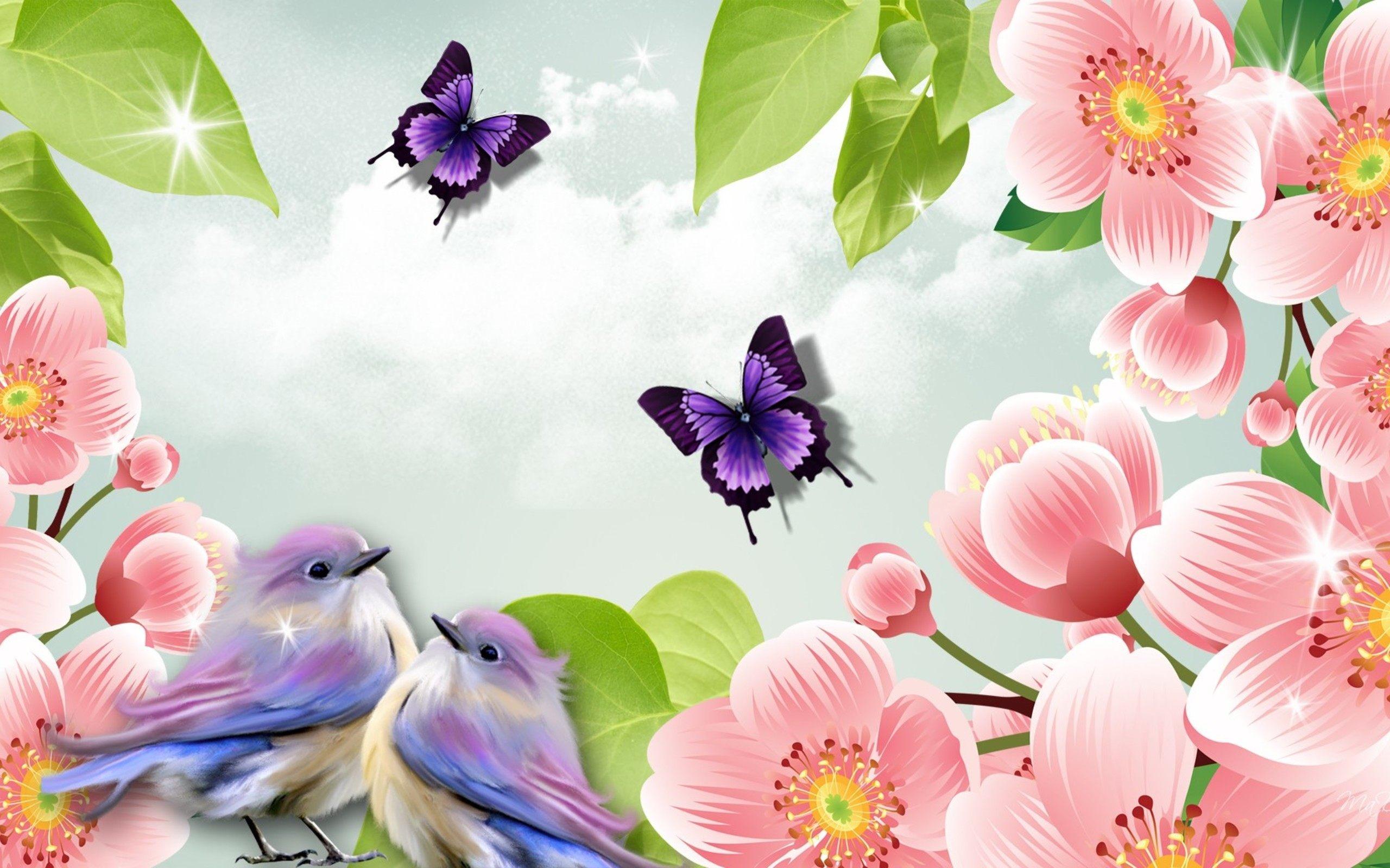 Yellow birds with flowers Nature Wallpaper  TenStickers