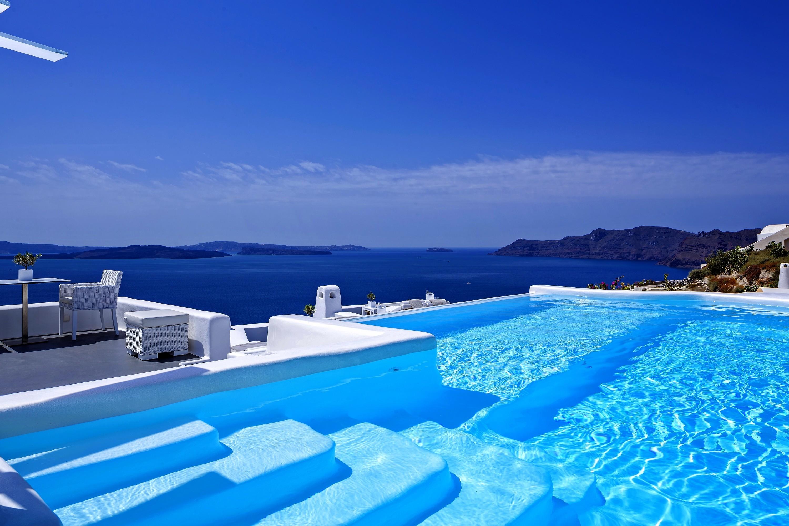 3000x2000 Infinity New Luxury Santorini Greece Hotel Canaves Pool Sunny Beach Desktop Wallpaper