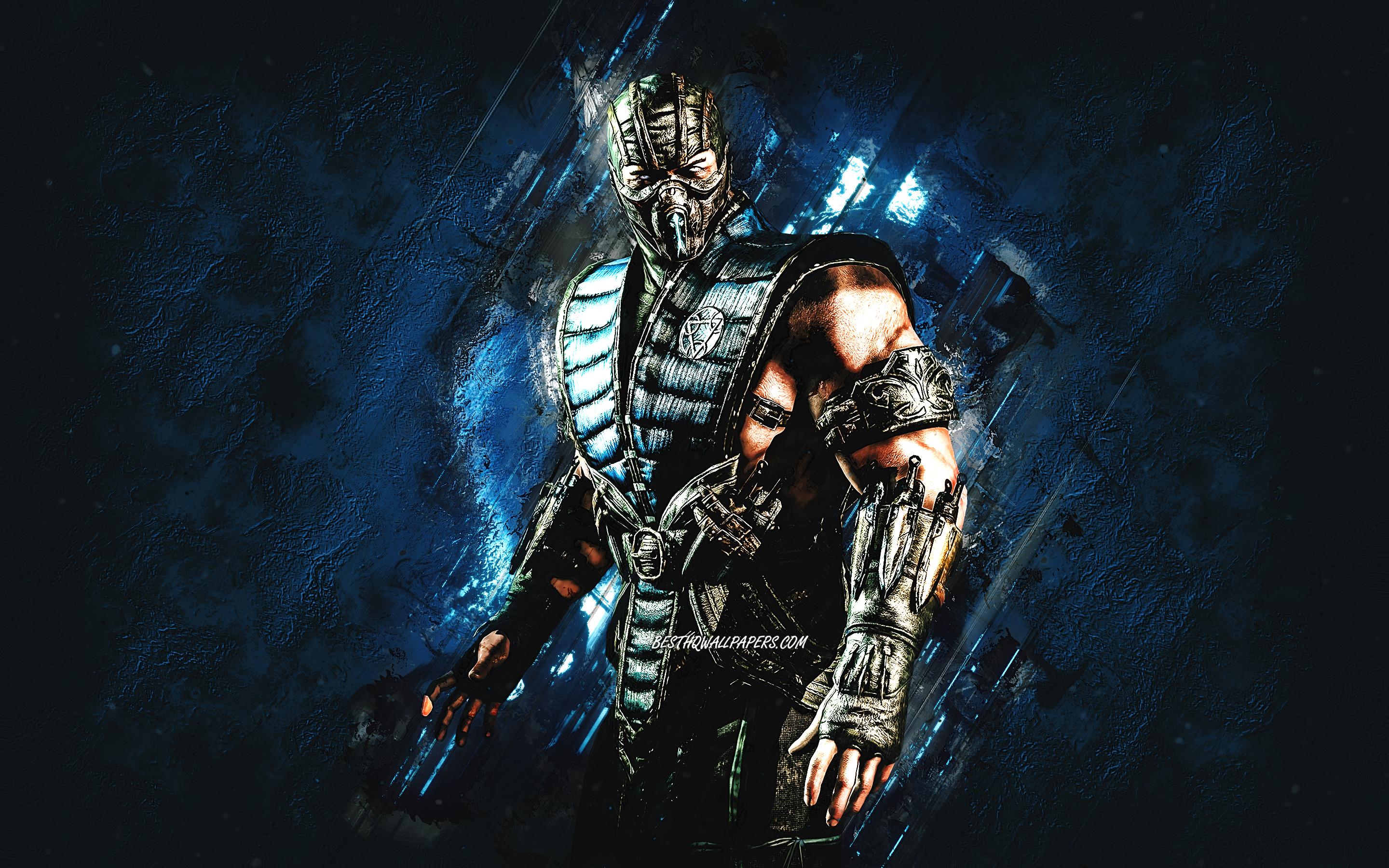 2880x1800 Download wallpaper Sub Zero, Mortal Kombat, blue stone background, Mortal Kombat Sub Zero grunge art, Mortal Kombat characters, Sub Zero character for desktop with resolution 2880x1800. High Quality HD picture wallpaper