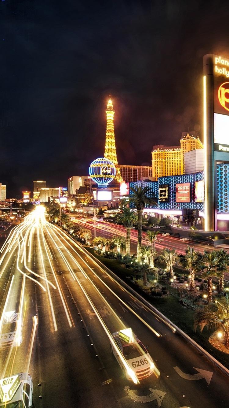 750x1334 iPhone Wallpaper Las Vegas City Night, Buildings, Road, Hotel And Casino