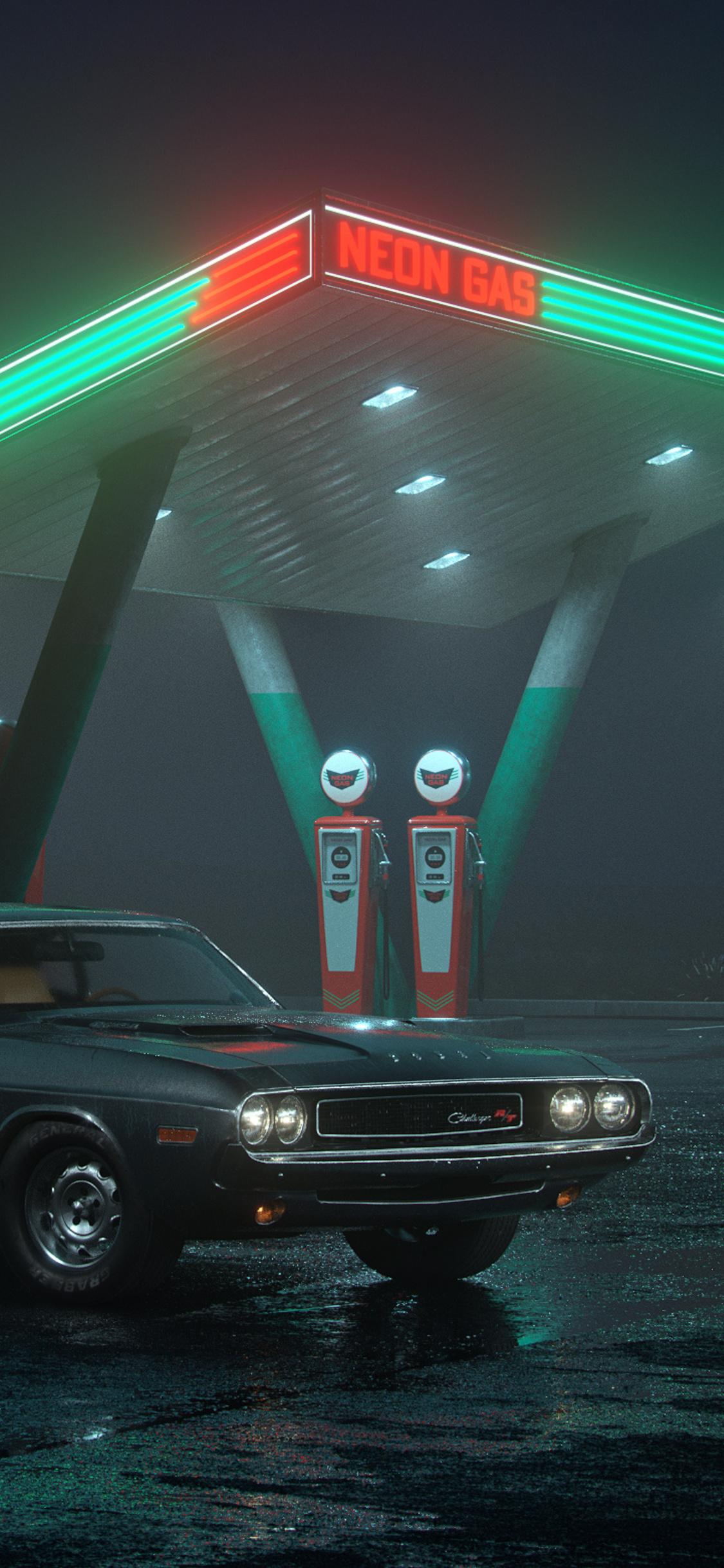 1125x2436 Dodge Challenger RT At Neon Gas Station iPhone XS, iPhone iPhone X HD 4k Wallpaper, Image, Background, Photo and Picture