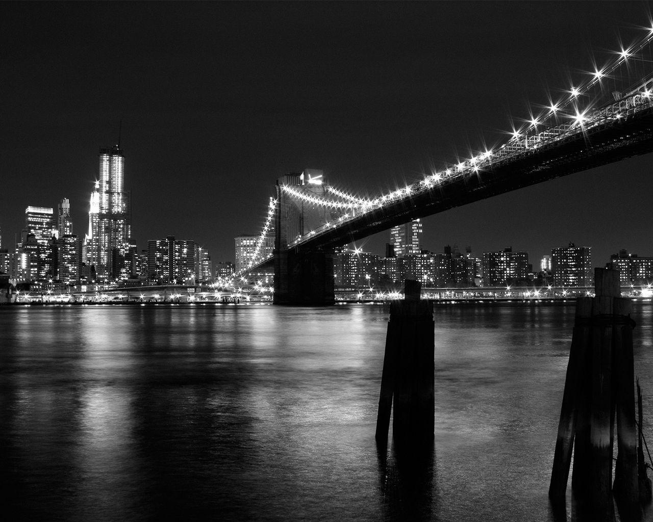 1280x1024 Download wallpaper 1280x1024 new york, bridge, building, night, black white standard 5:4 HD background