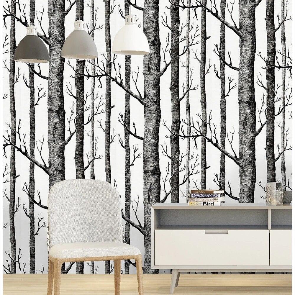 1000x1000 Self adhesive Wood Grain Birch Wallpaper Rolls PVC Waterproof Black White Tree Forest Contact Paper Wall Stickers Decor 45cmx6m. Wallpaper