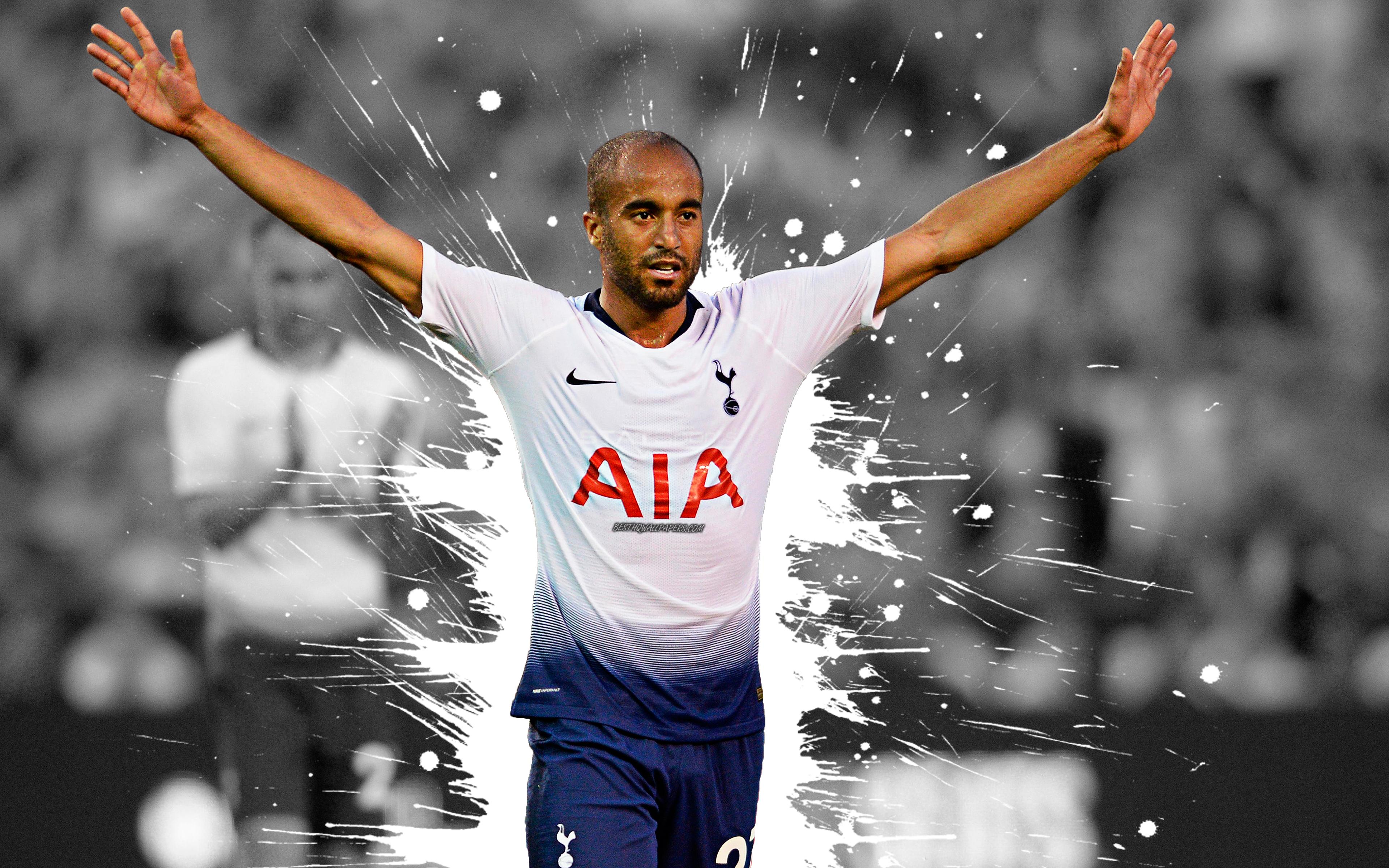 3840x2400 Download wallpaper Lucas Moura, 4k, Tottenham Hotspur FC, art, Brazilian football player, splashes of paint, grunge art, creative art, Premier League, England, football, Lucas Rodrigues Moura da Silva for desktop with resolution
